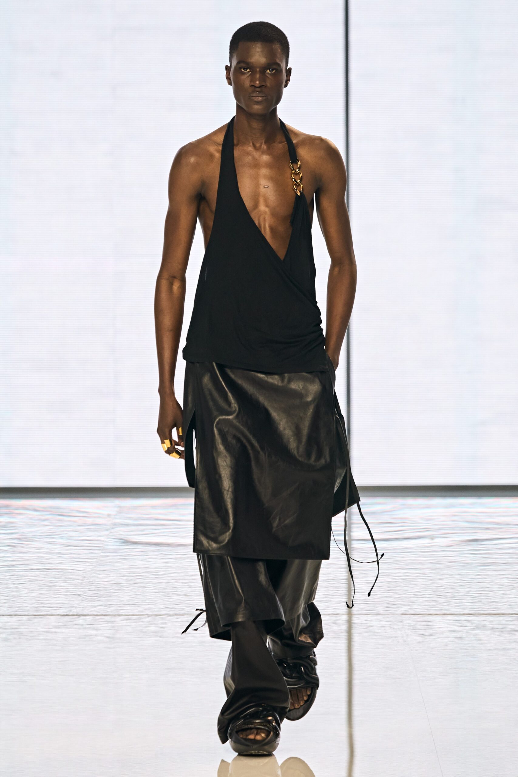 black silk top and leather pants