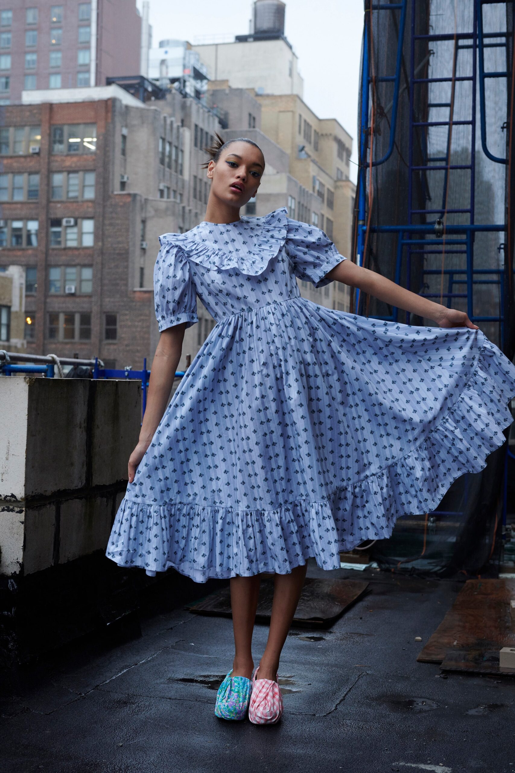 blue and white printed midi dress