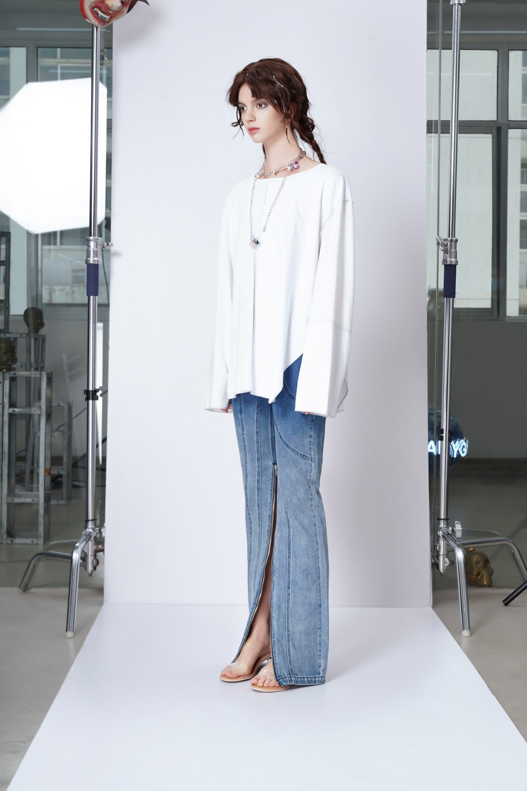blue denim slit fitted straight-leg pants