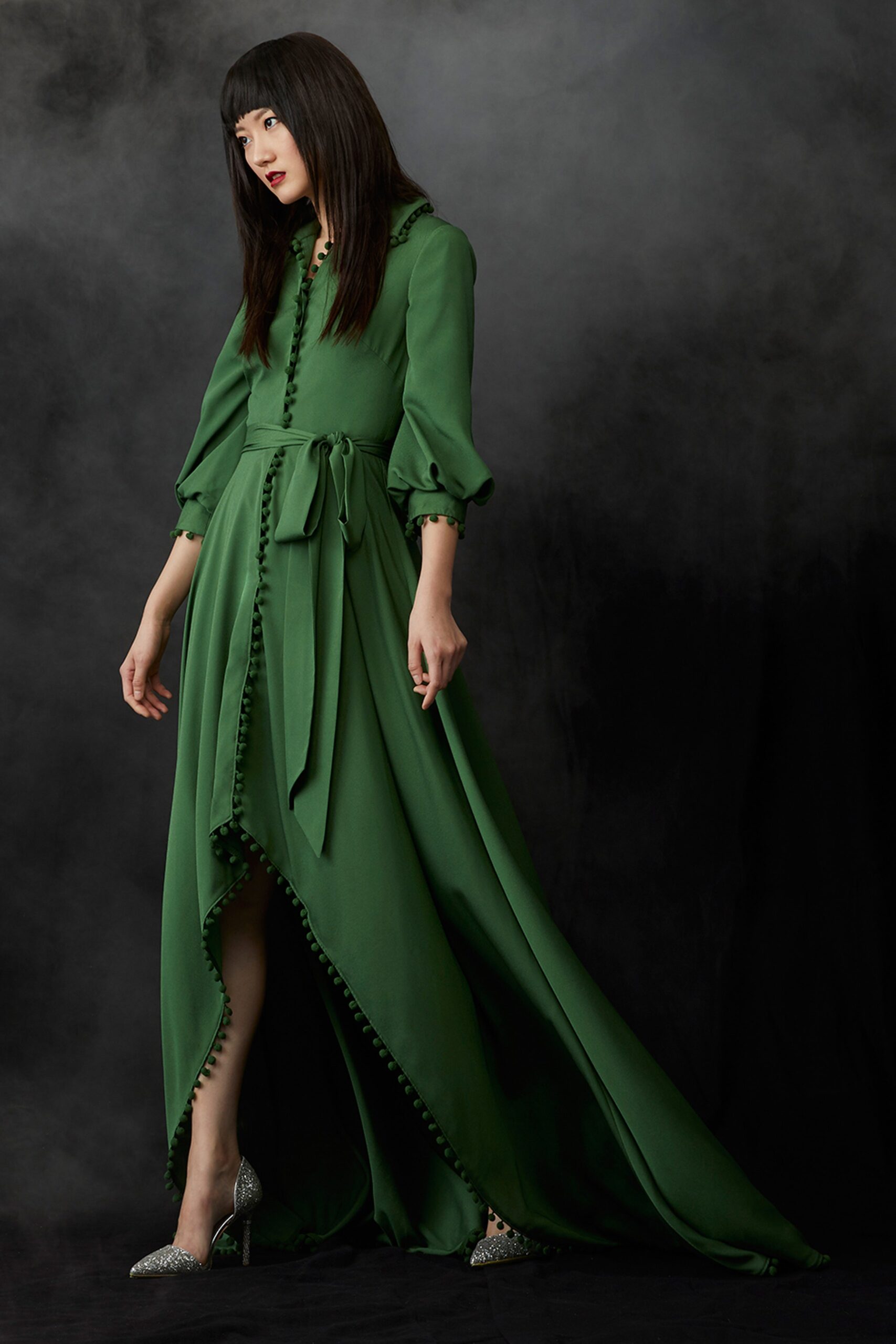 green silk asymmetric dress
