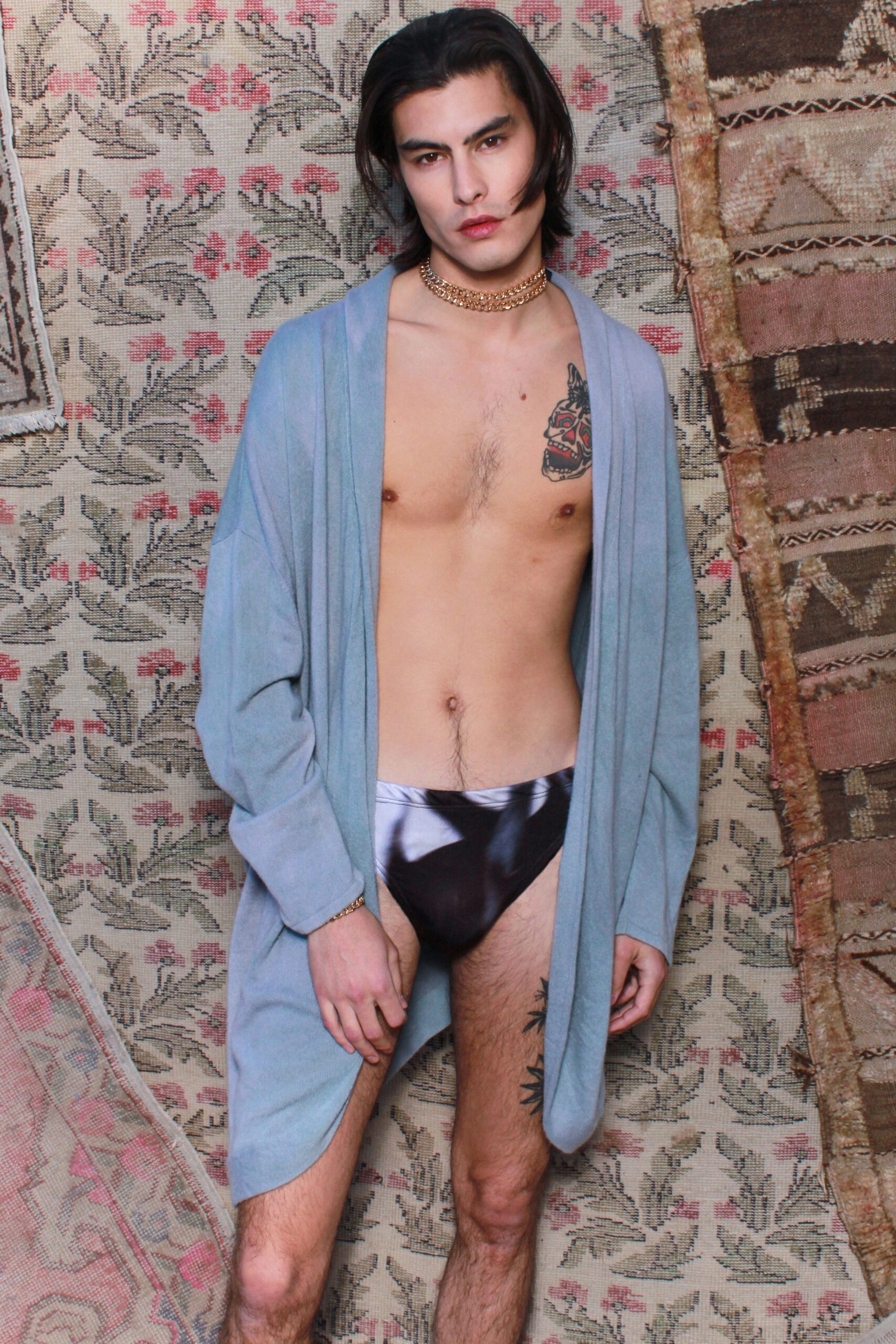 blue cotton long-sleeve relaxed draped cardigan