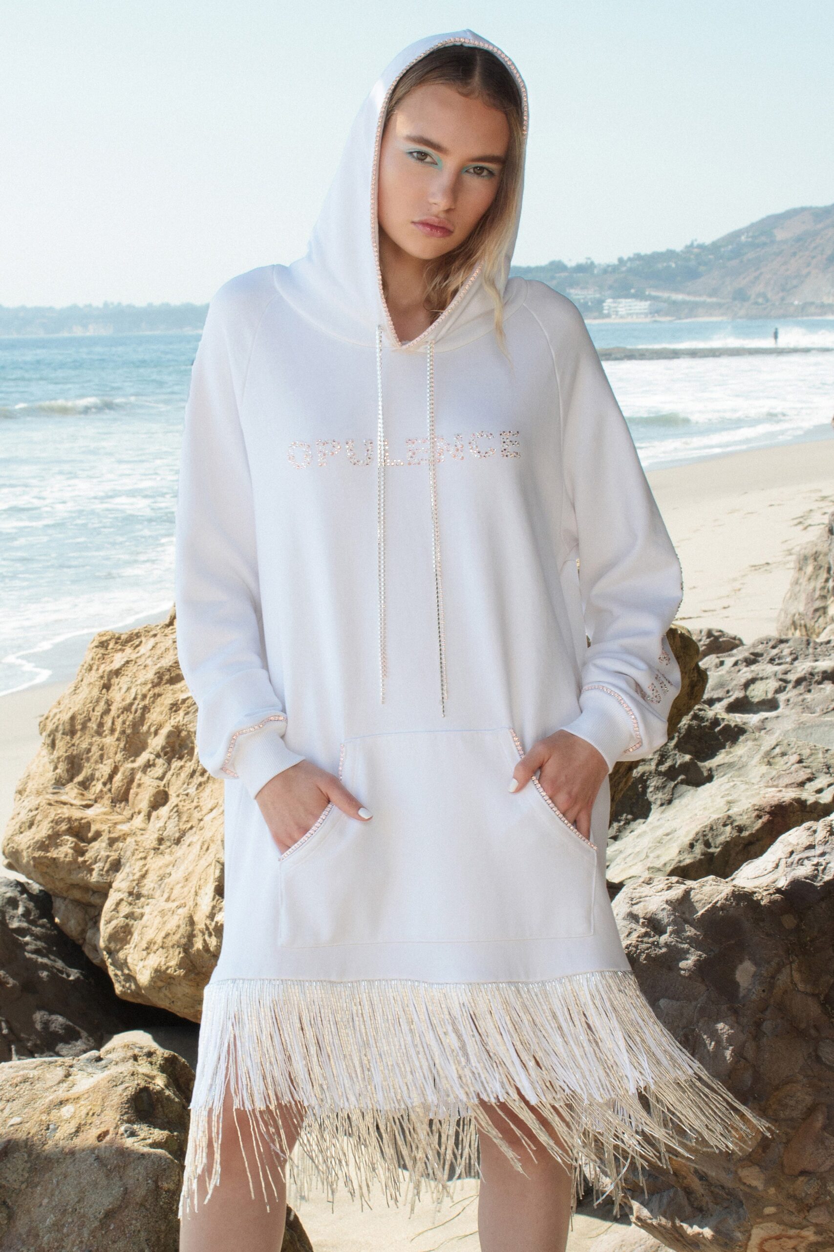white relaxed hoodie with fringe