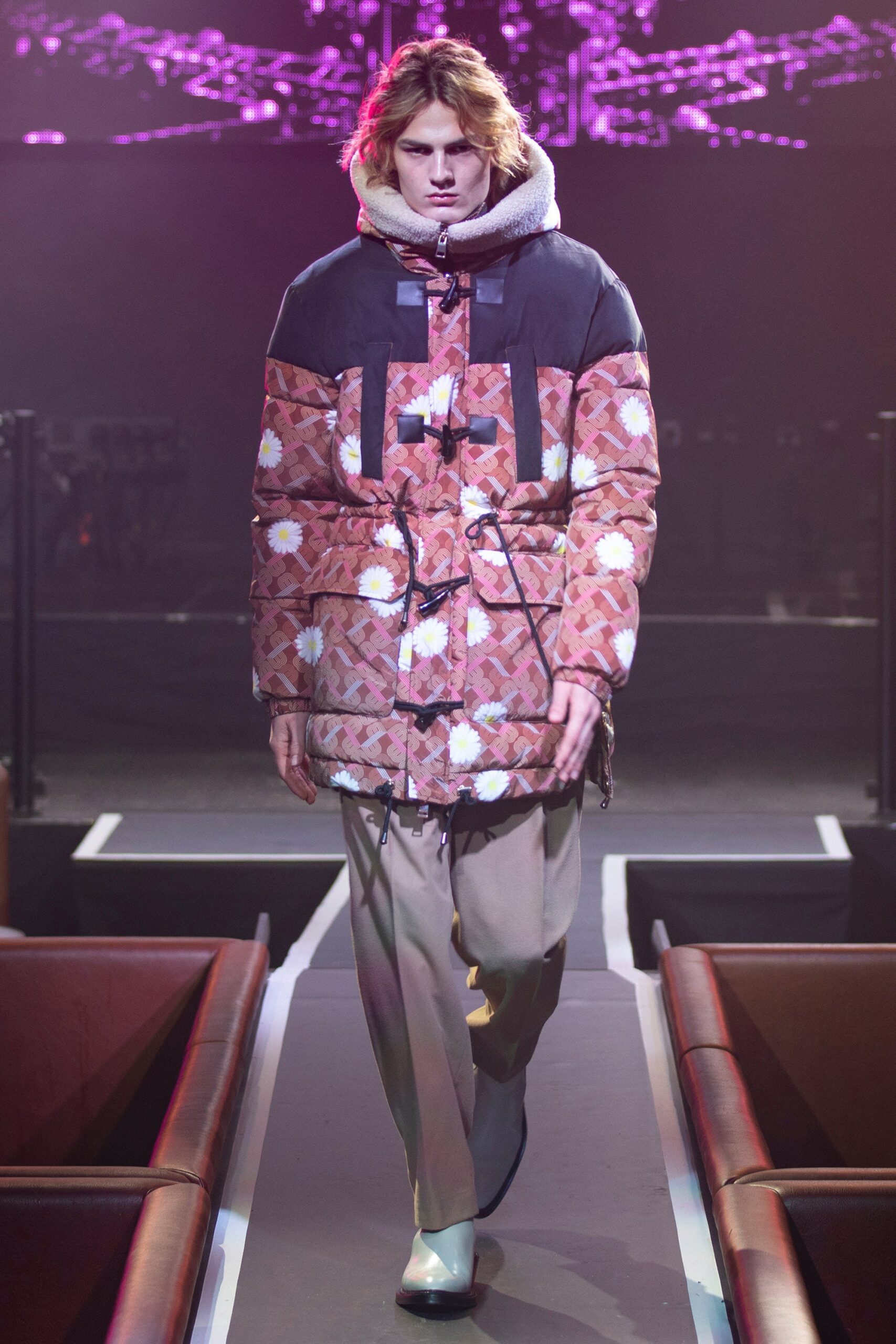 brown printed relaxed jacket with beige pants