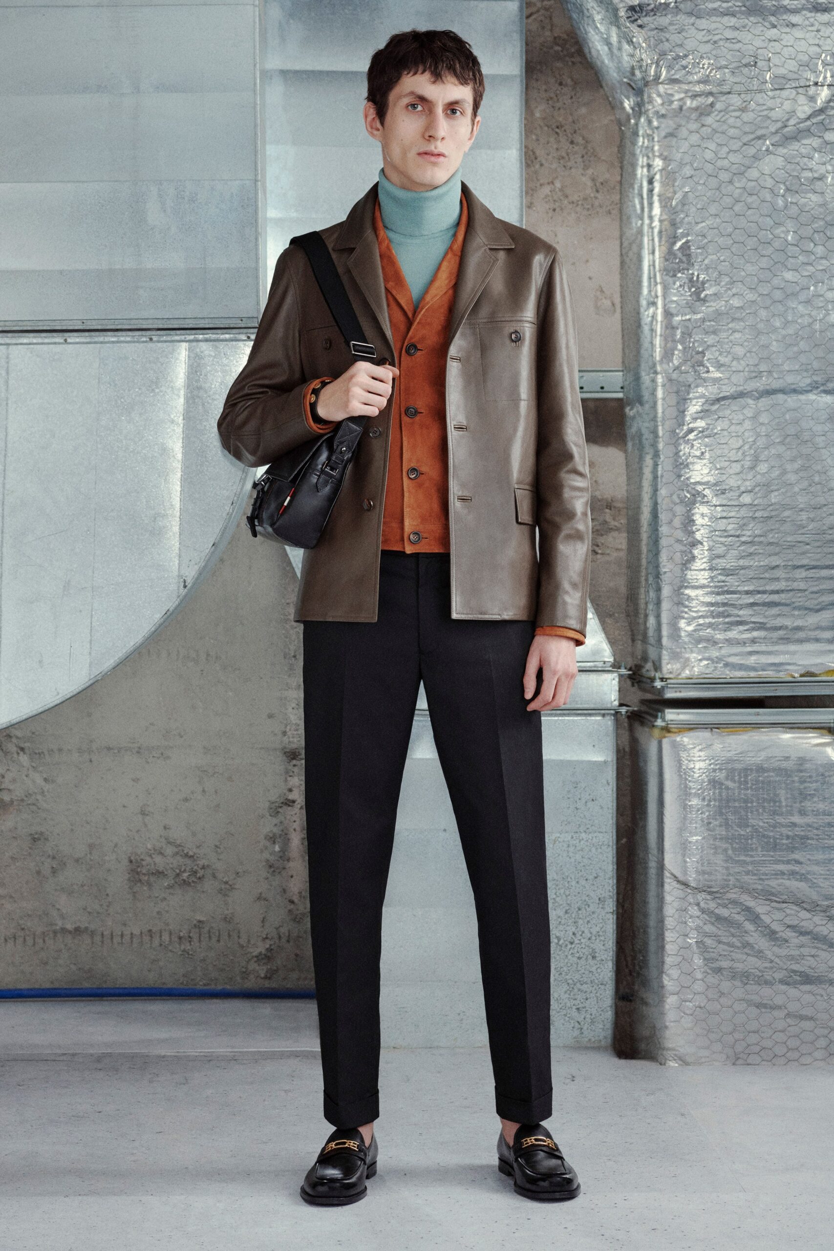 brown leather long-sleeve collared structured buttoned jacket