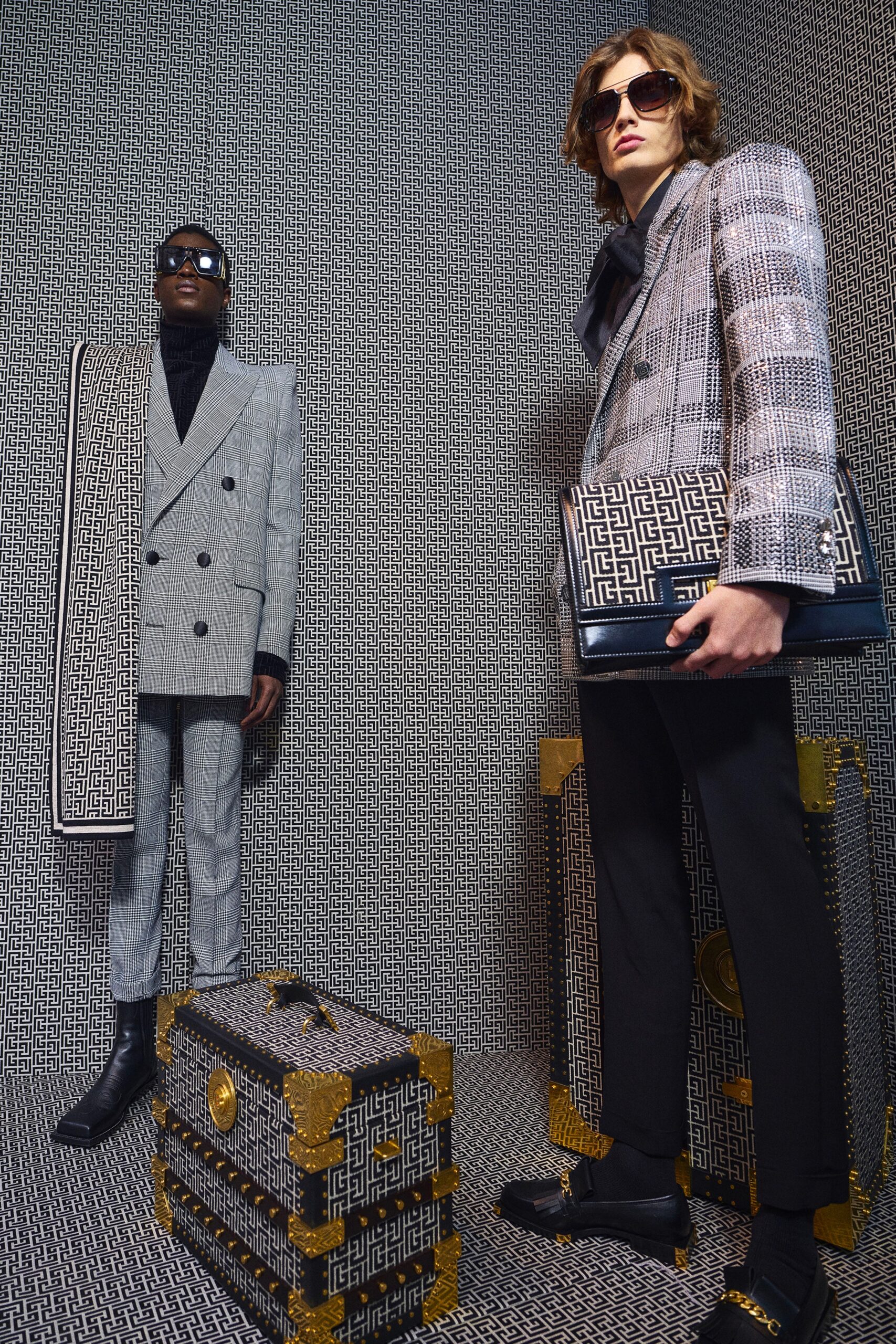 gray tailored suit with black blazer