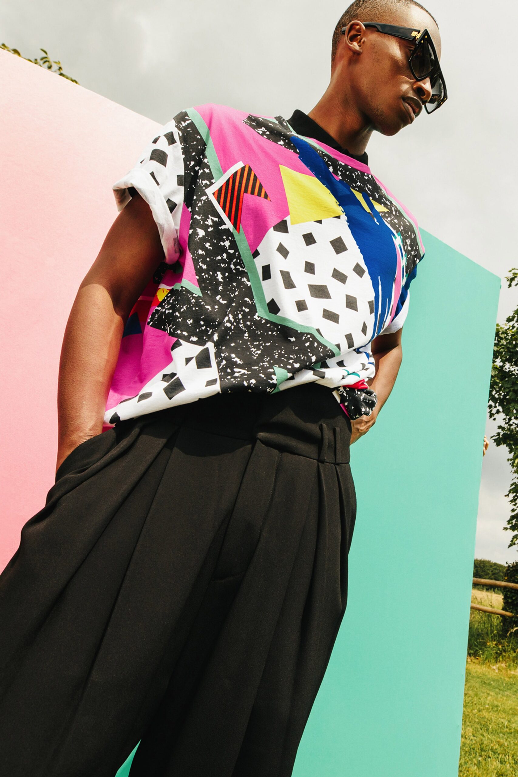 multi-colored relaxed t-shirt and tailored pants