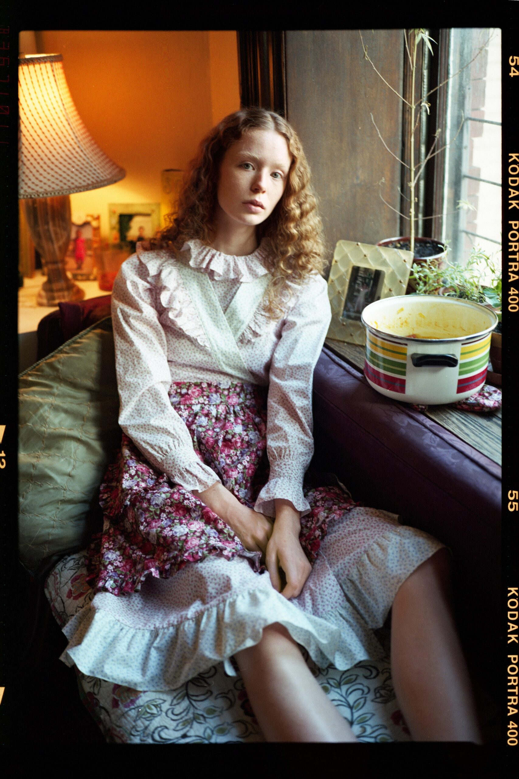 white cotton long-sleeve high-neck fitted floral ruffled dress
