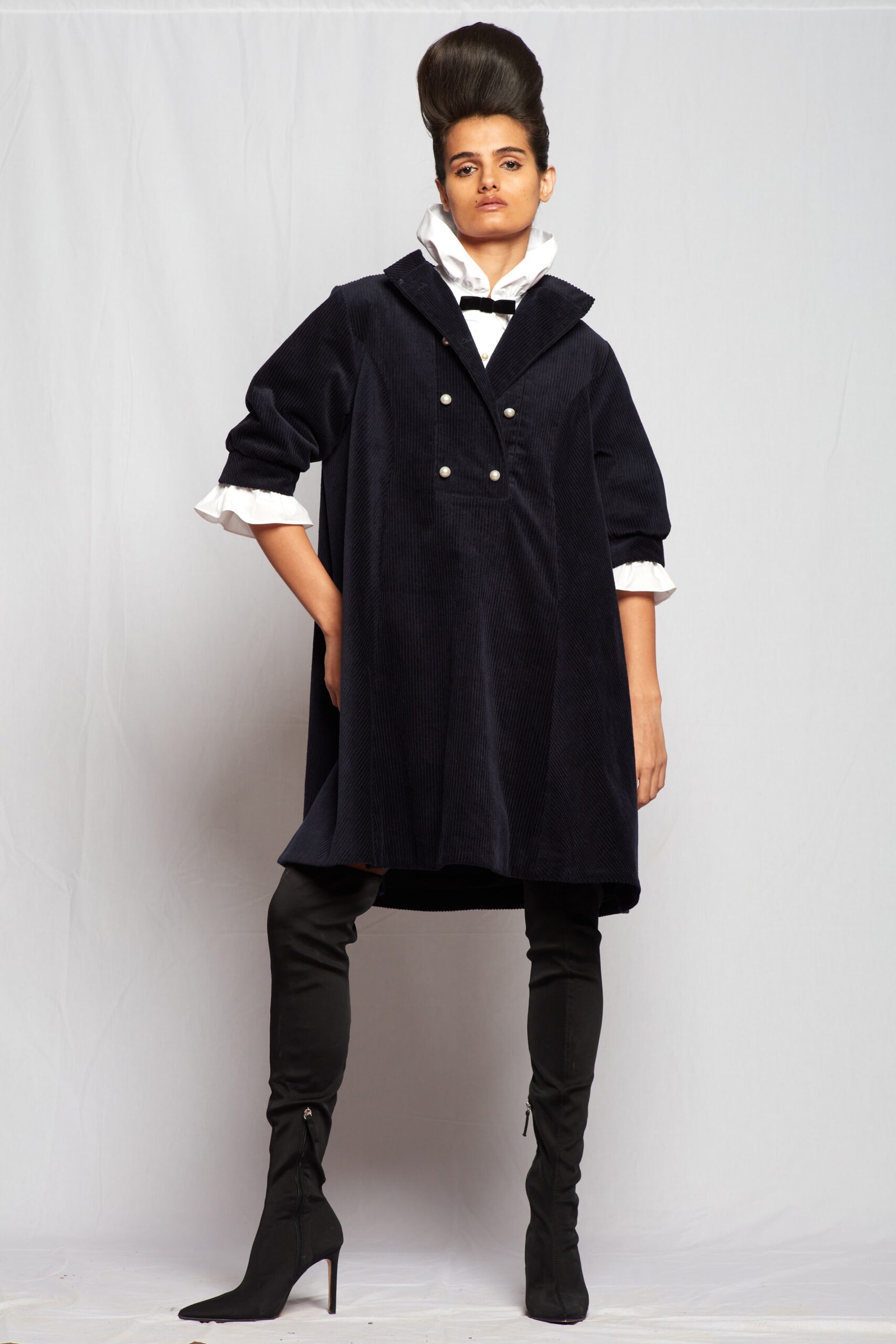 black cotton long-sleeve collared relaxed buttoned a-line dress