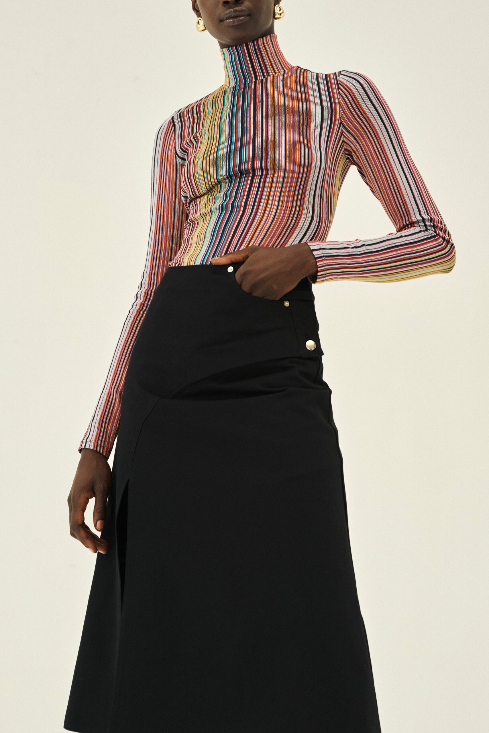 multi knit long-sleeve turtleneck fitted striped ribbed top