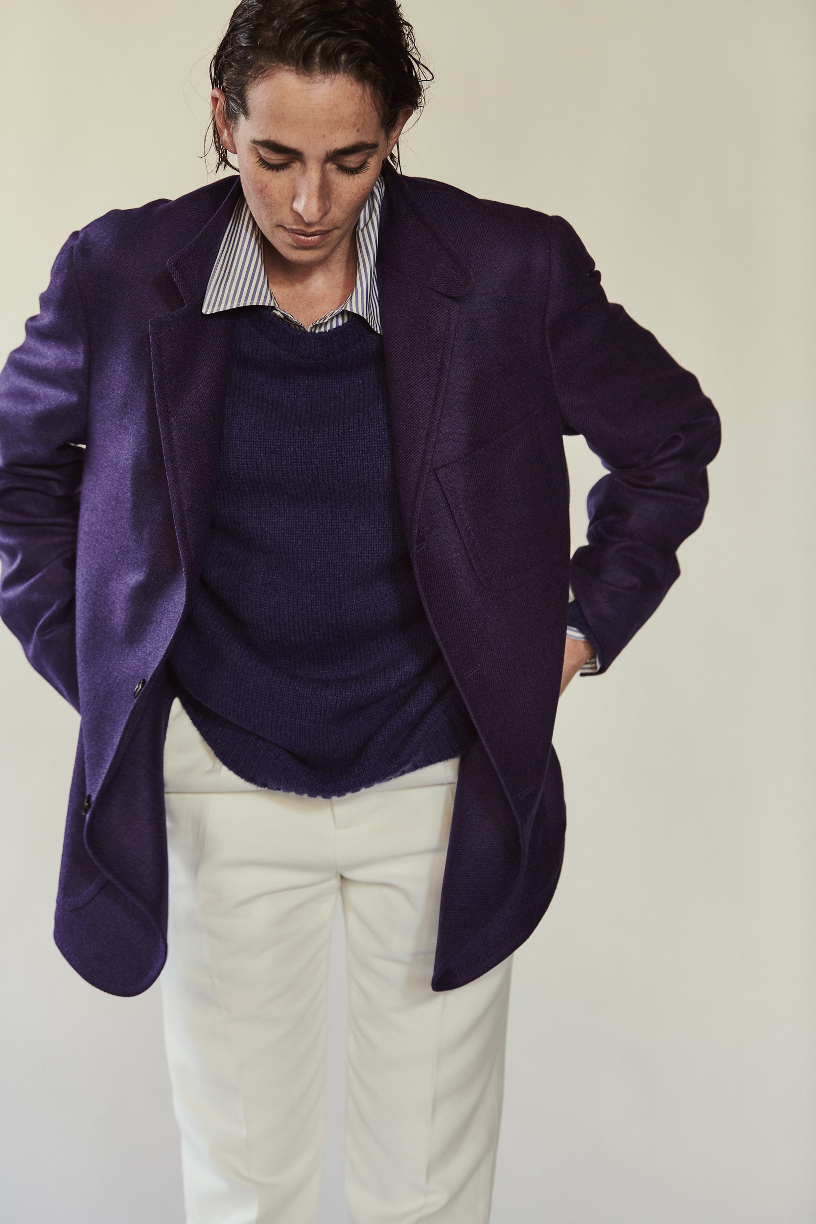 purple wool jacket with blue sweater