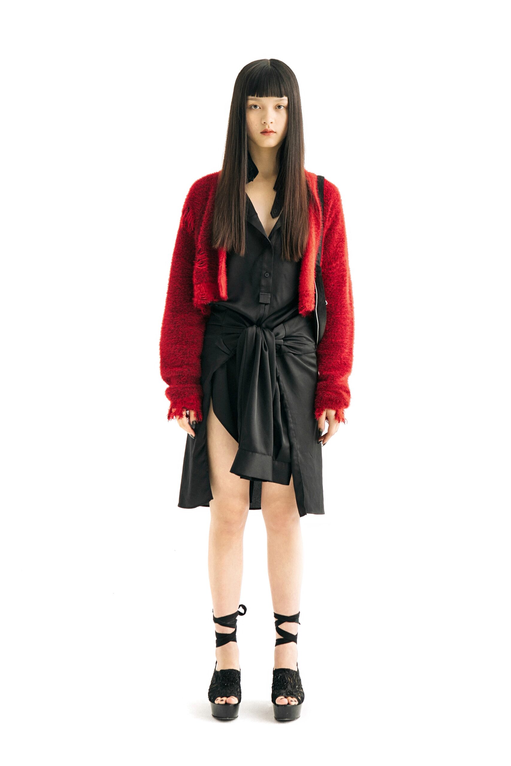 black midi dress with red cardigan