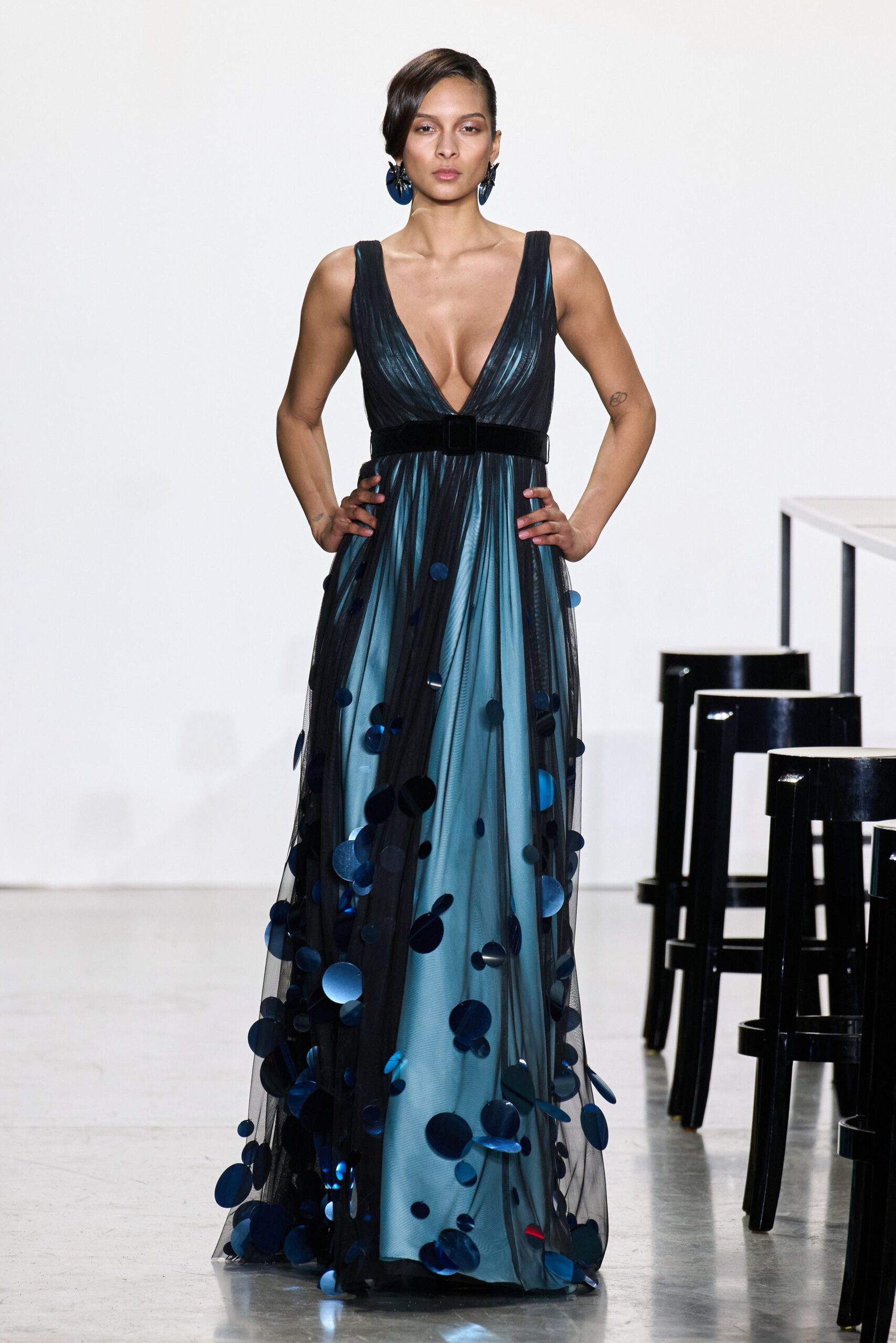 blue silk sleeveless gown