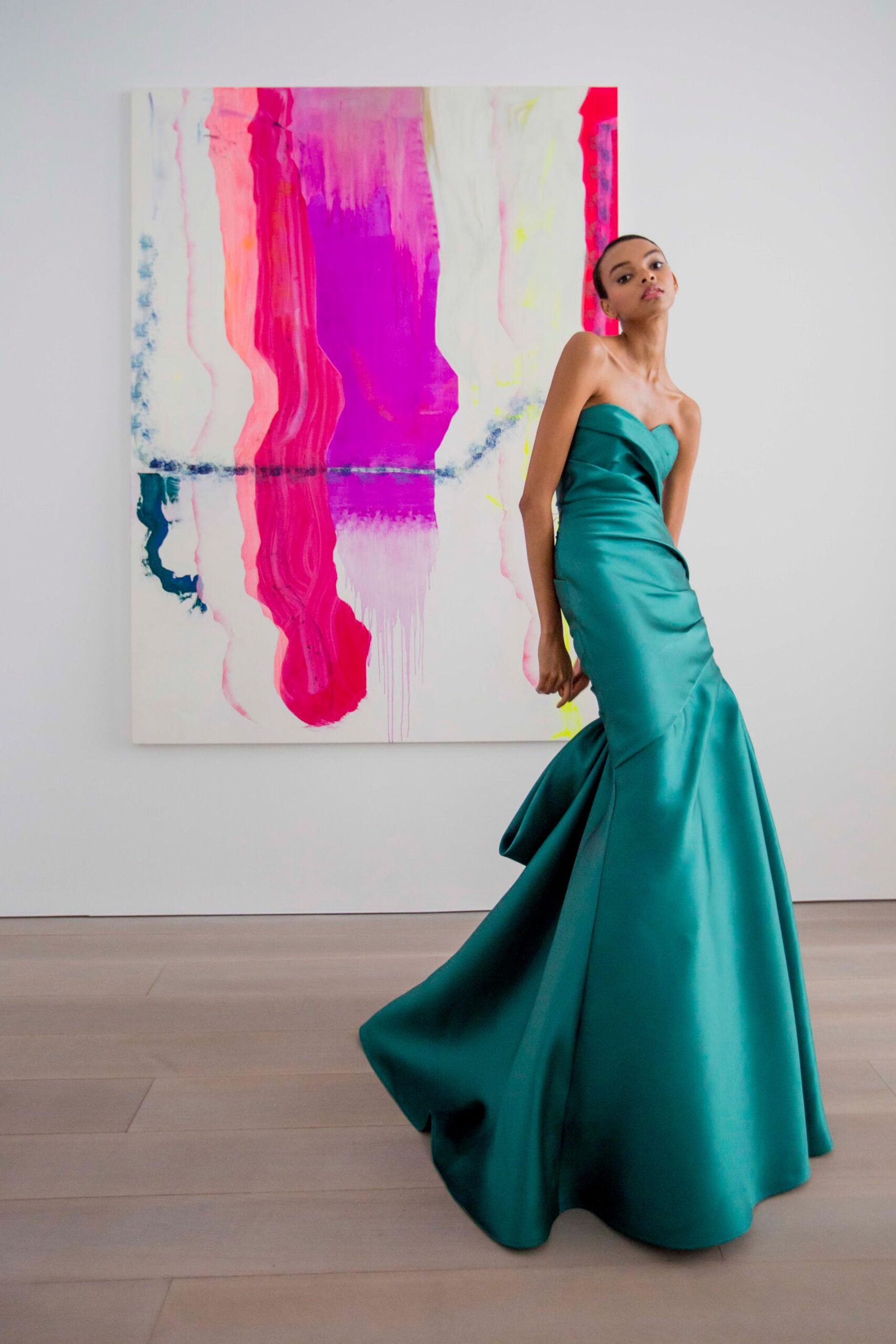 teal satin strapless gown