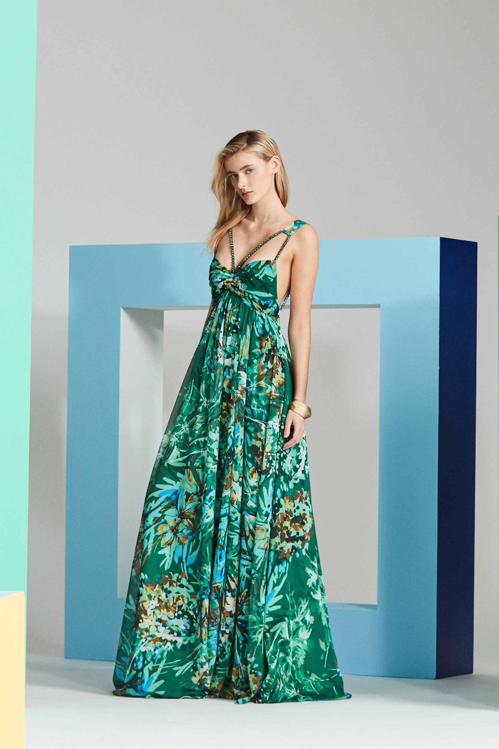 green floral silk gown