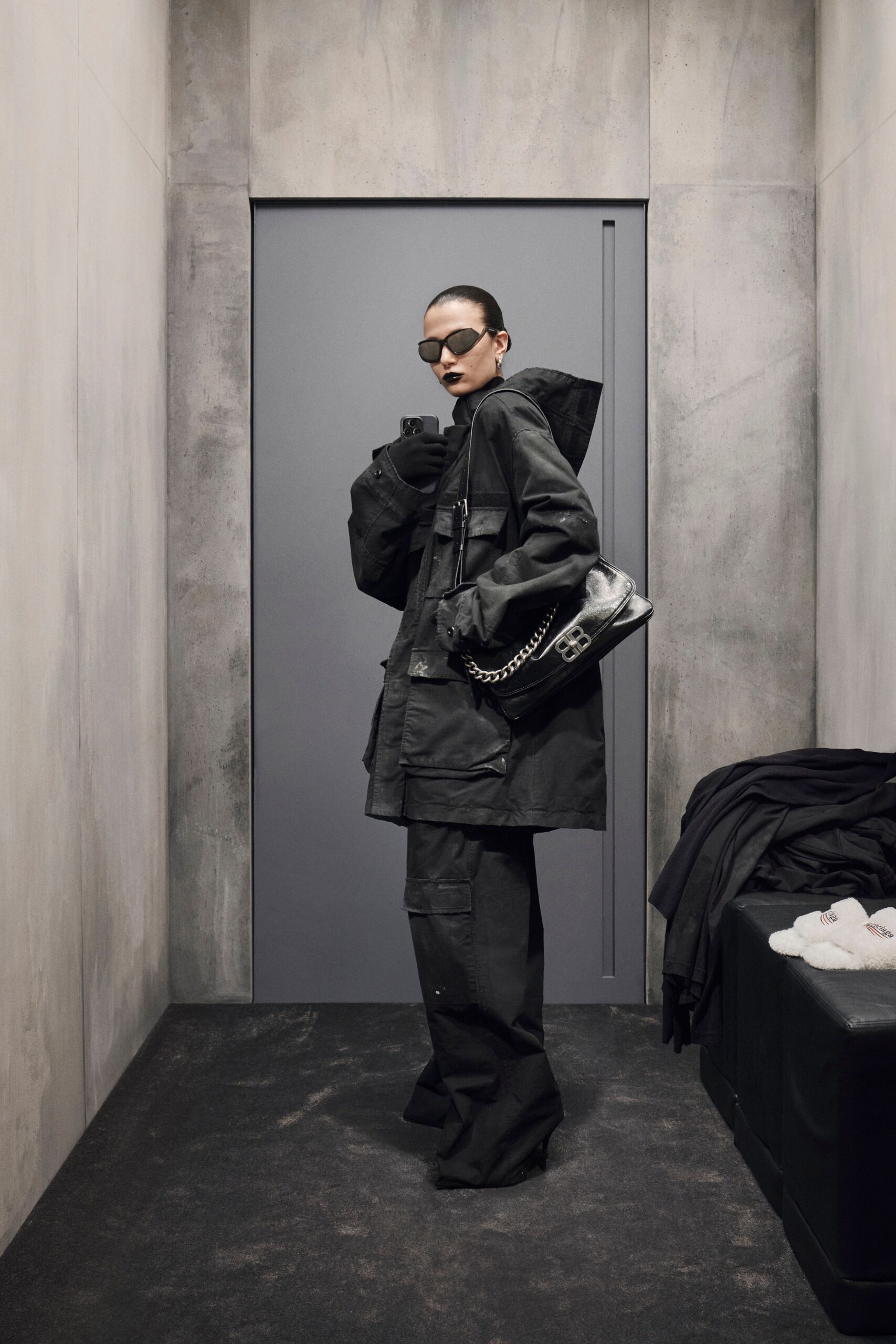 oversized black coat with relaxed pants