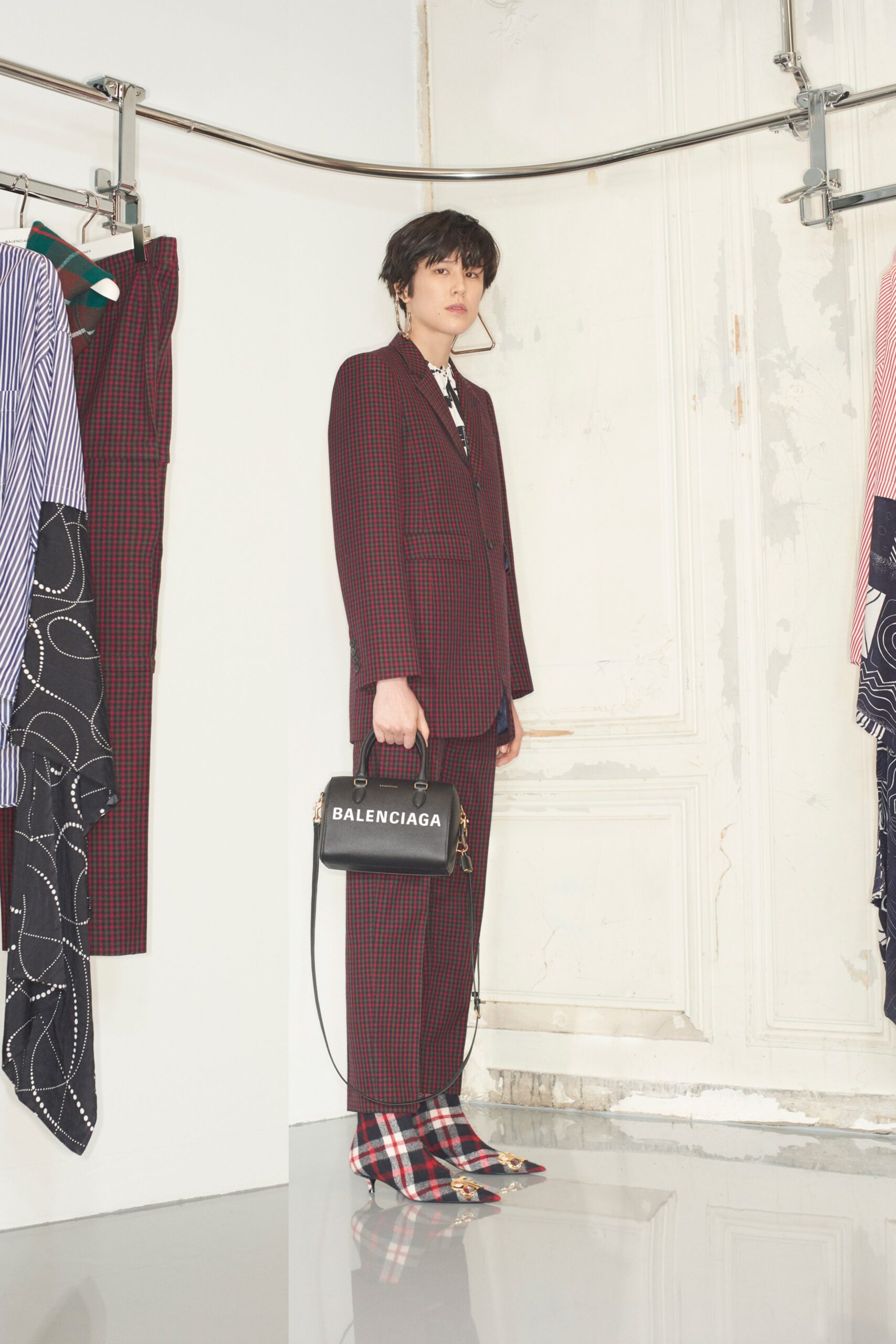 red cotton long-sleeve collared tailored checked suit