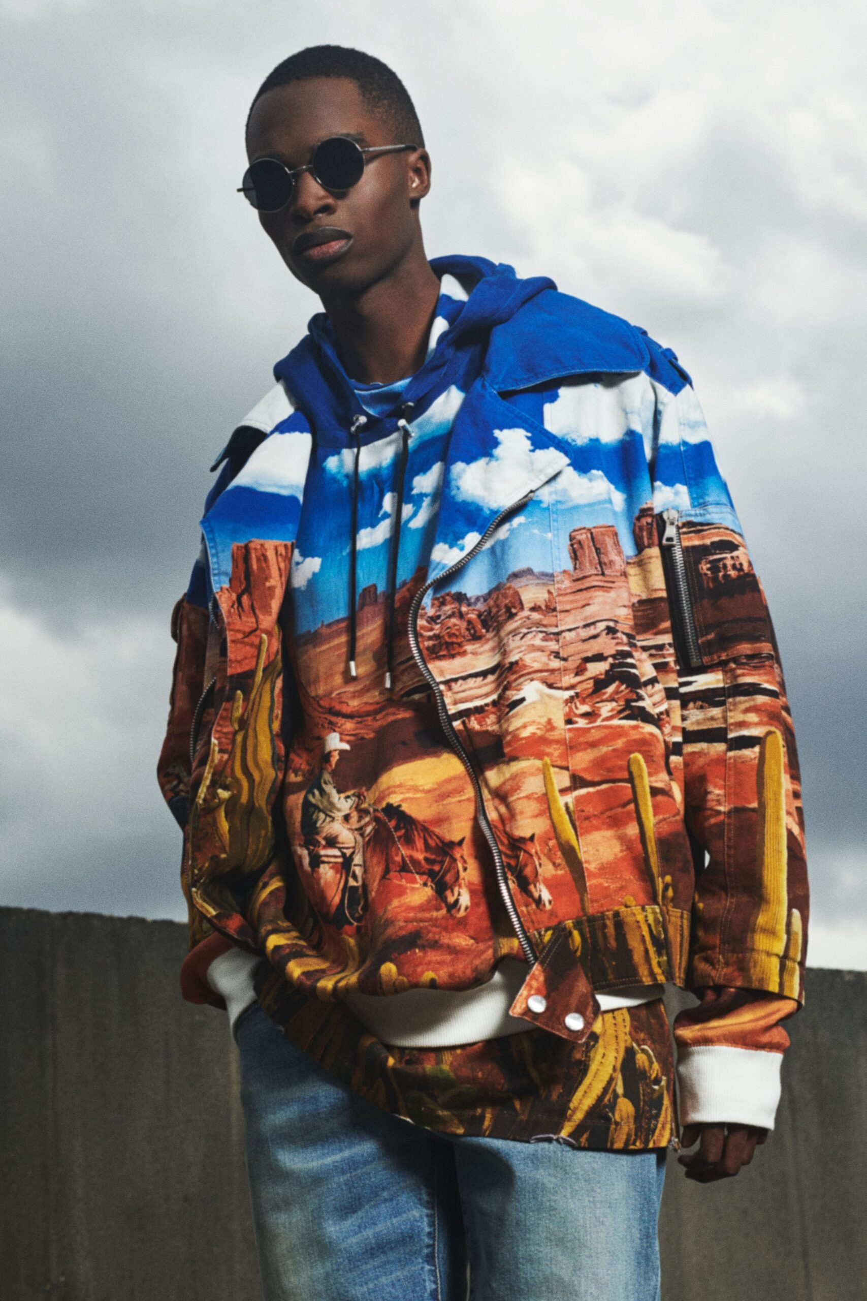 blue cotton long-sleeve hooded oversized printed jacket
