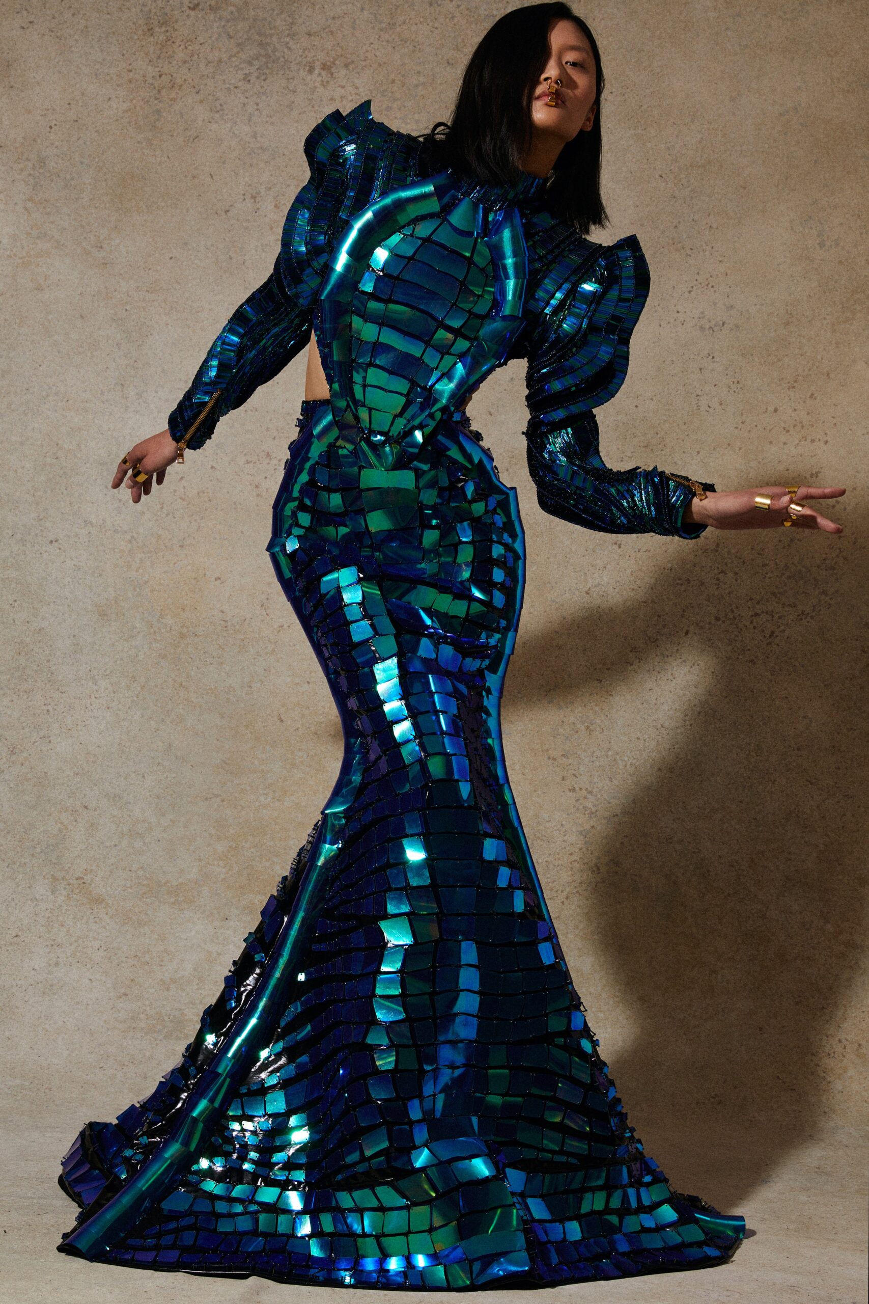 blue green shiny fitted gown