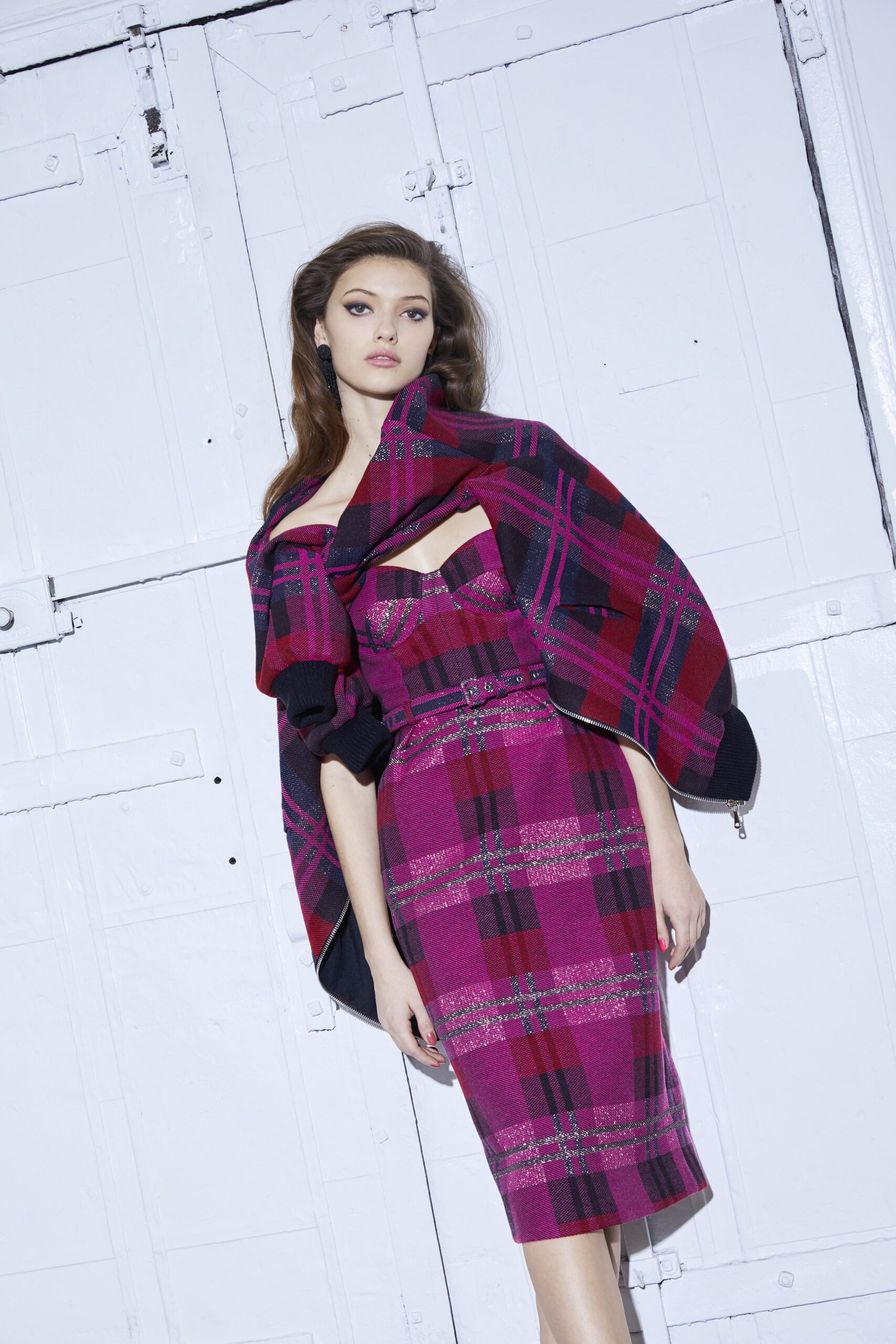 pink checked midi dress with black cape
