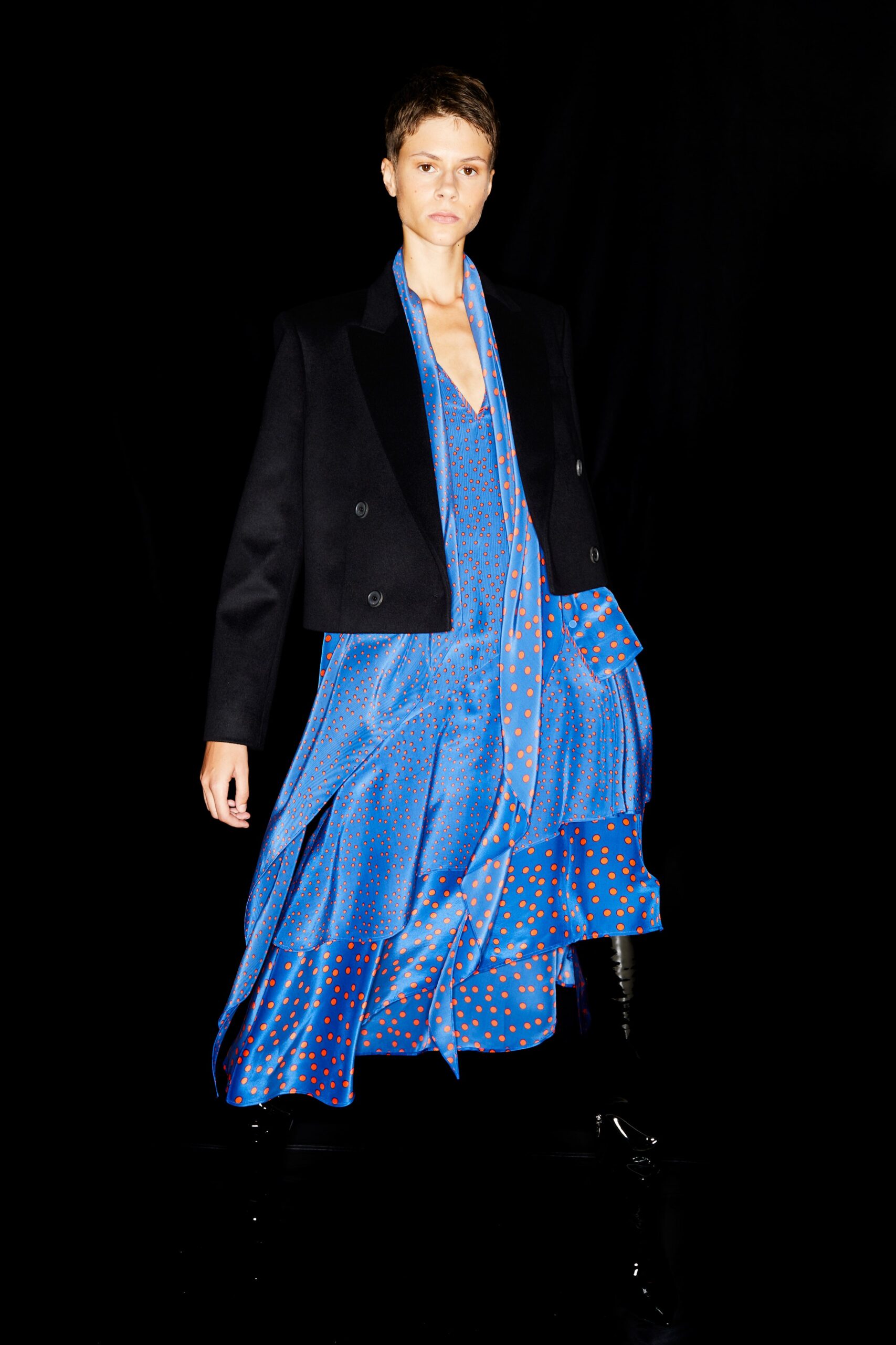 blue polka-dot midi dress with black blazer