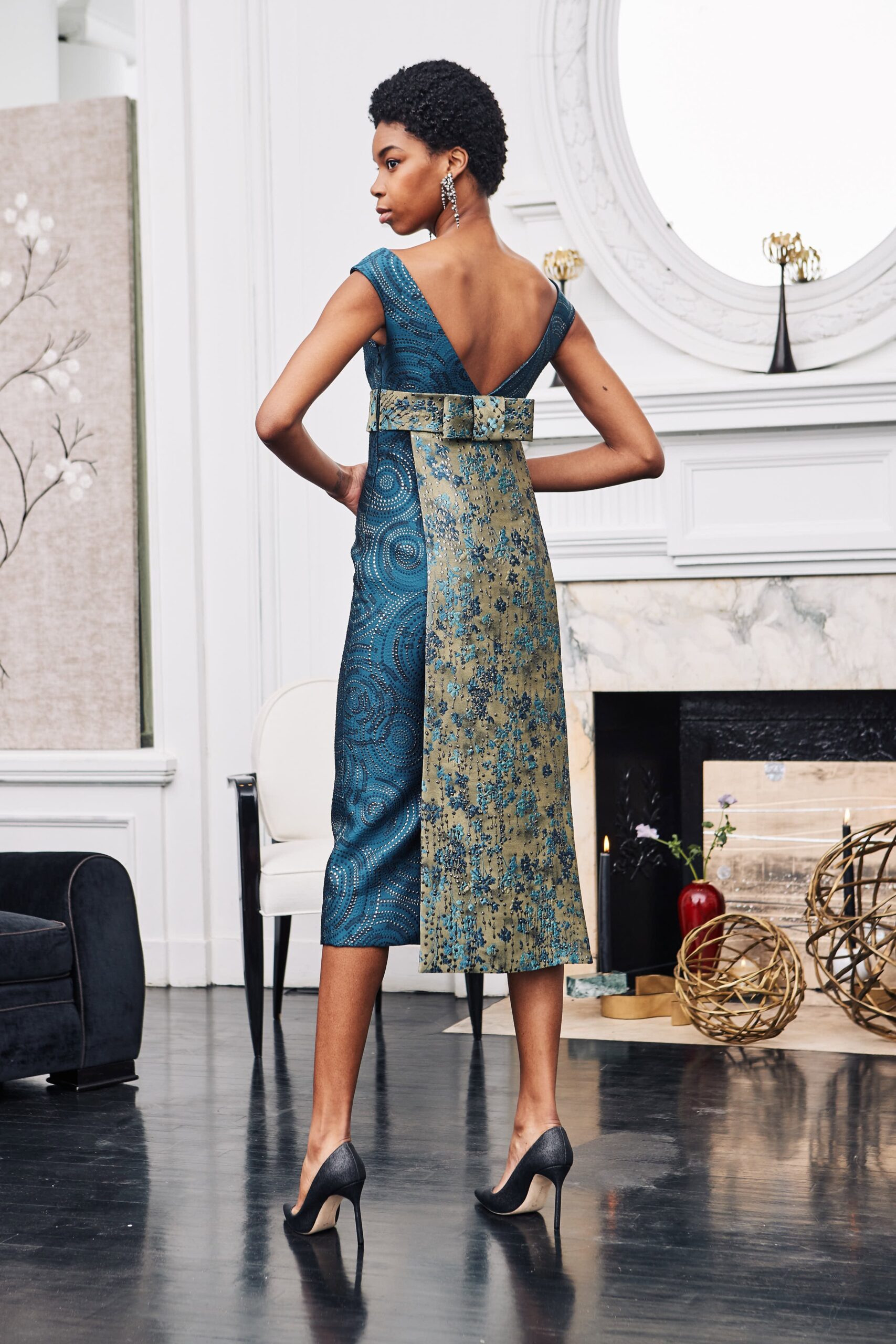 blue and gold printed midi dress