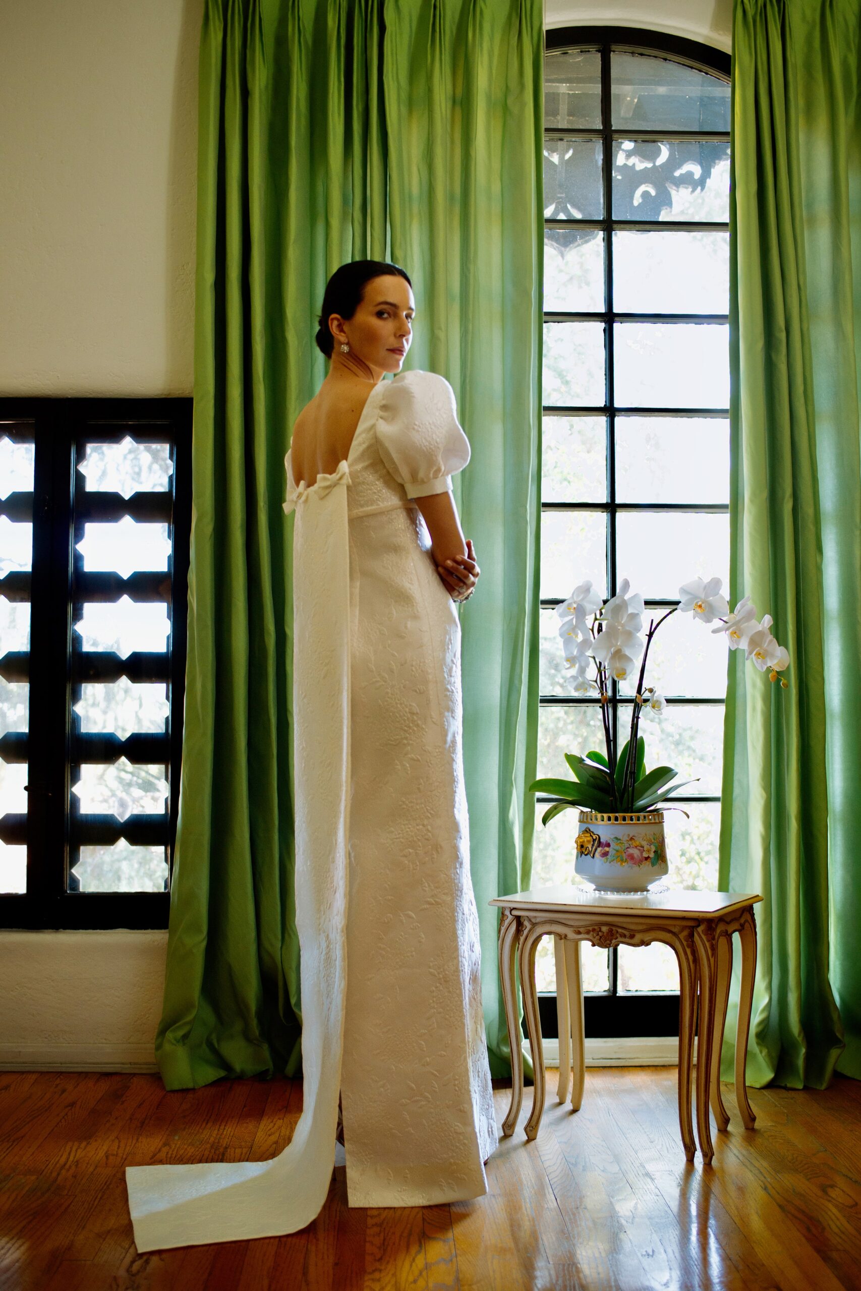 white silk backless gown
