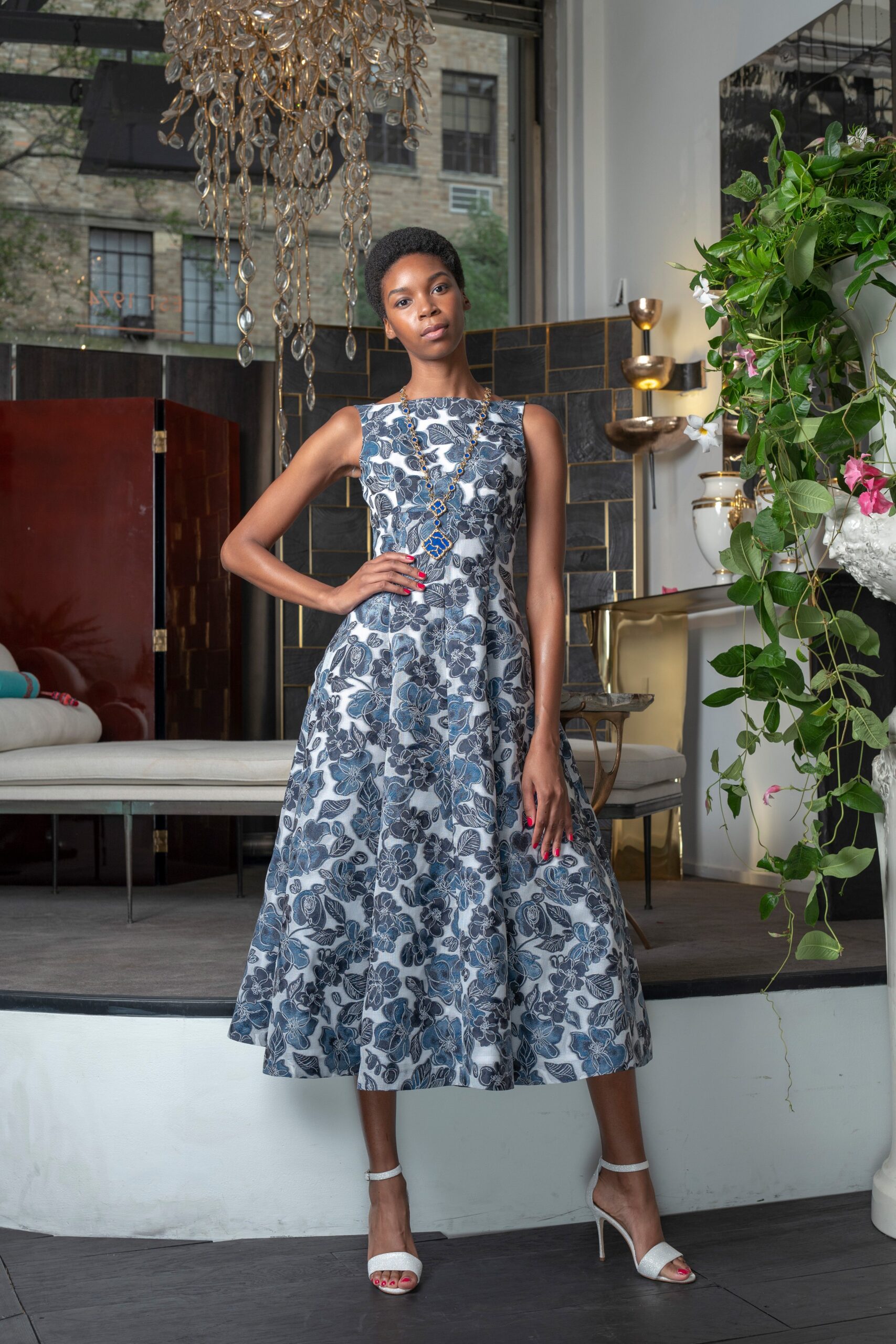 blue and white printed midi dress