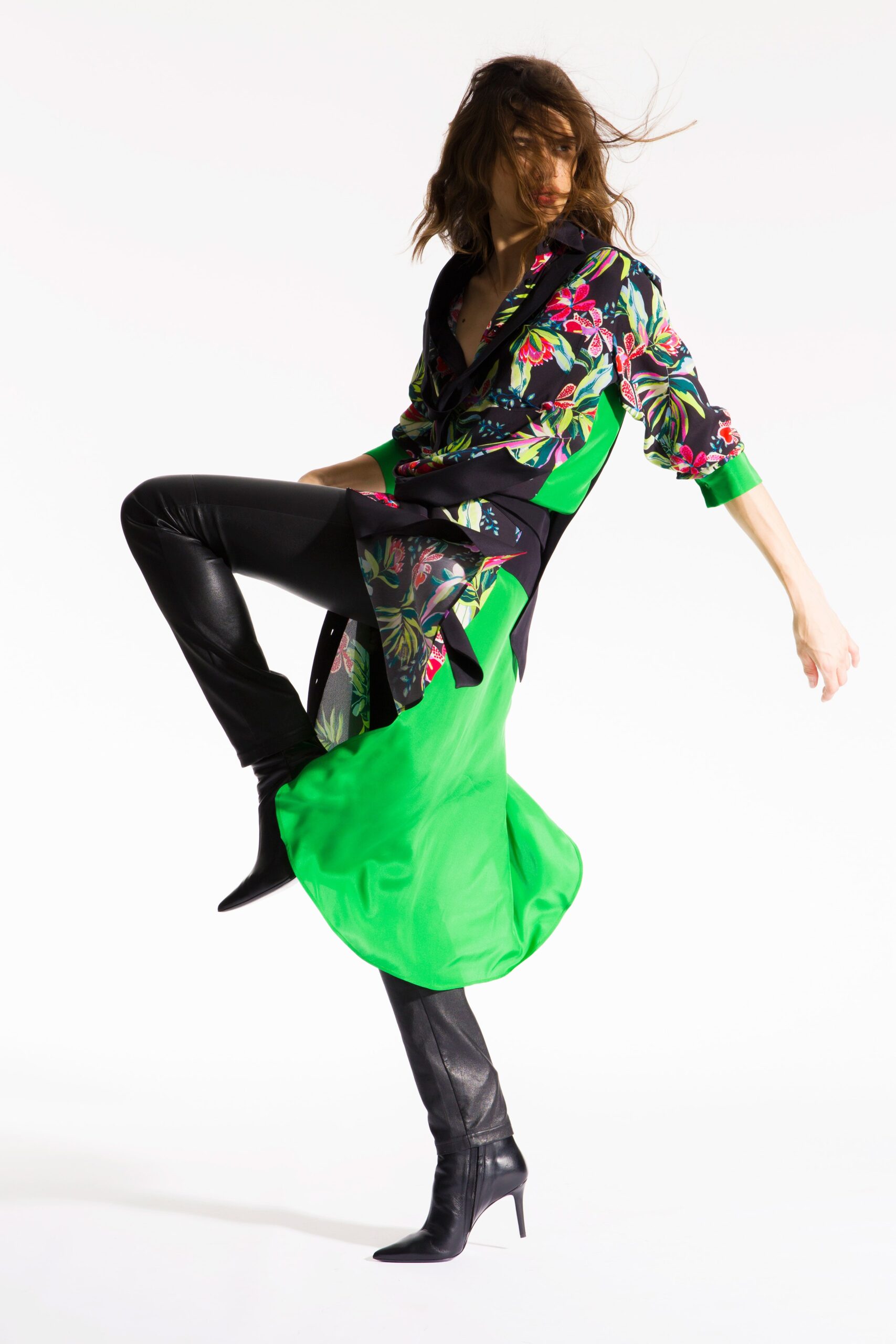 green printed midi dress with boots