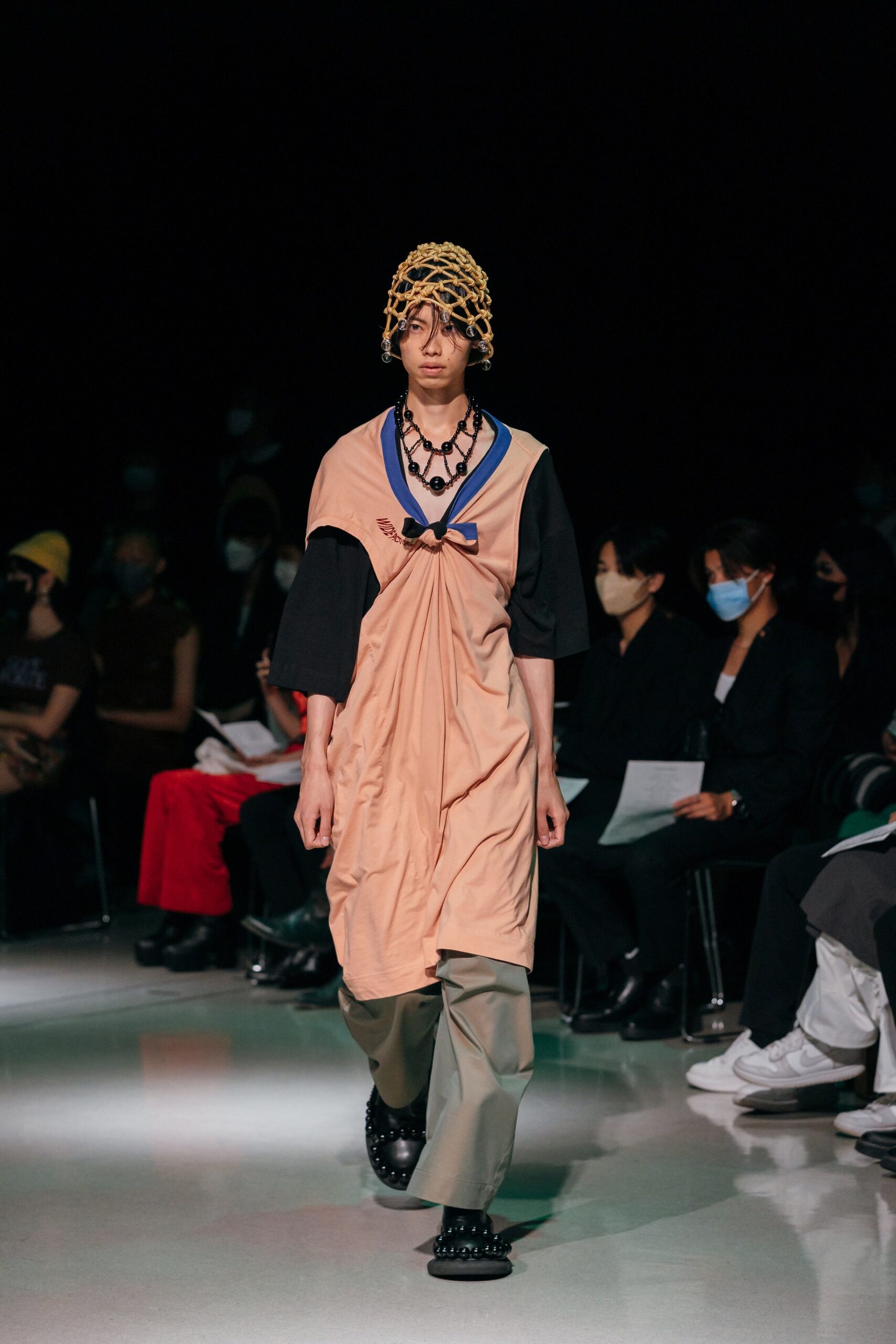 peach relaxed midi dress with gray pants