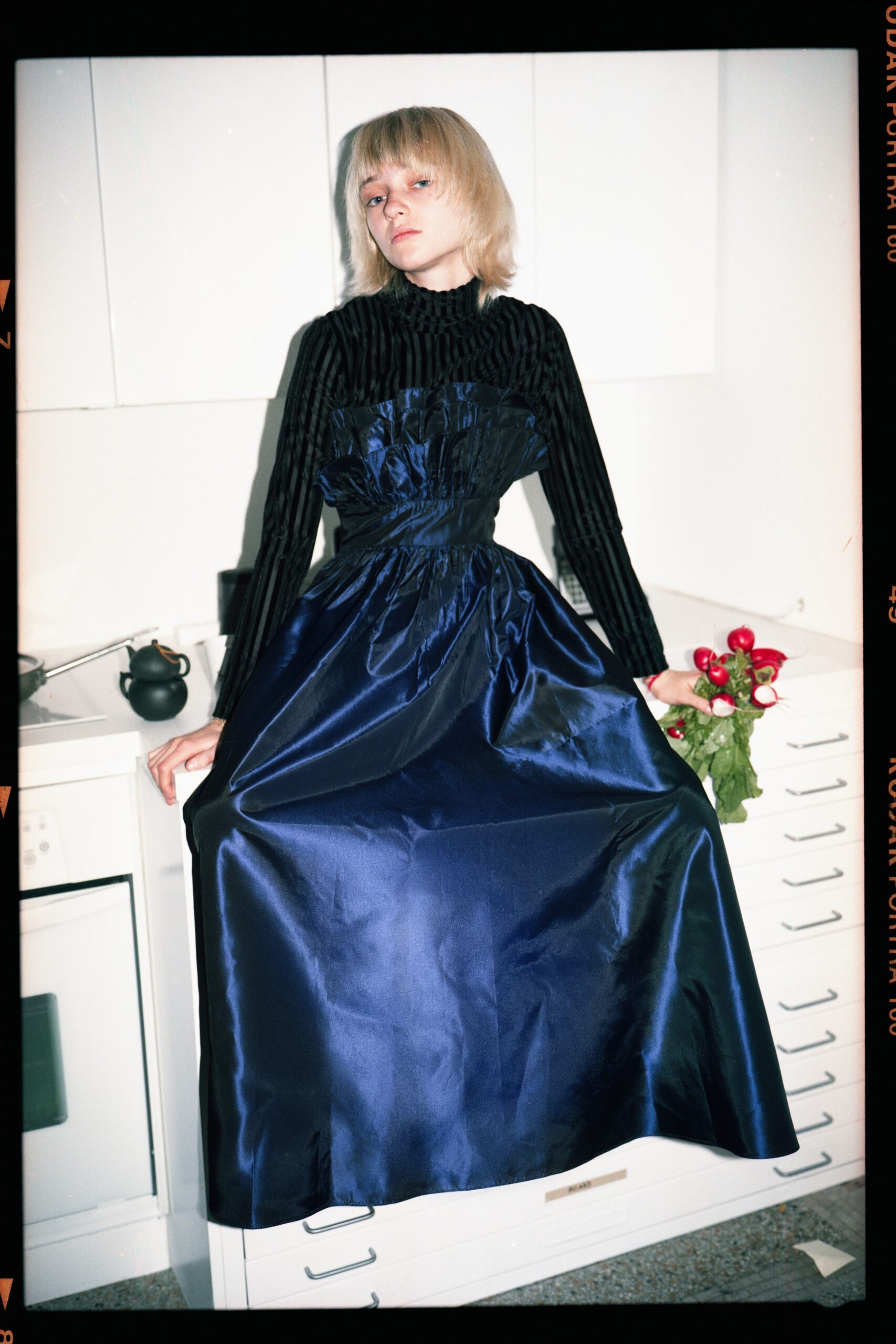 blue silk long-sleeve v-neck fitted pleated midi dress