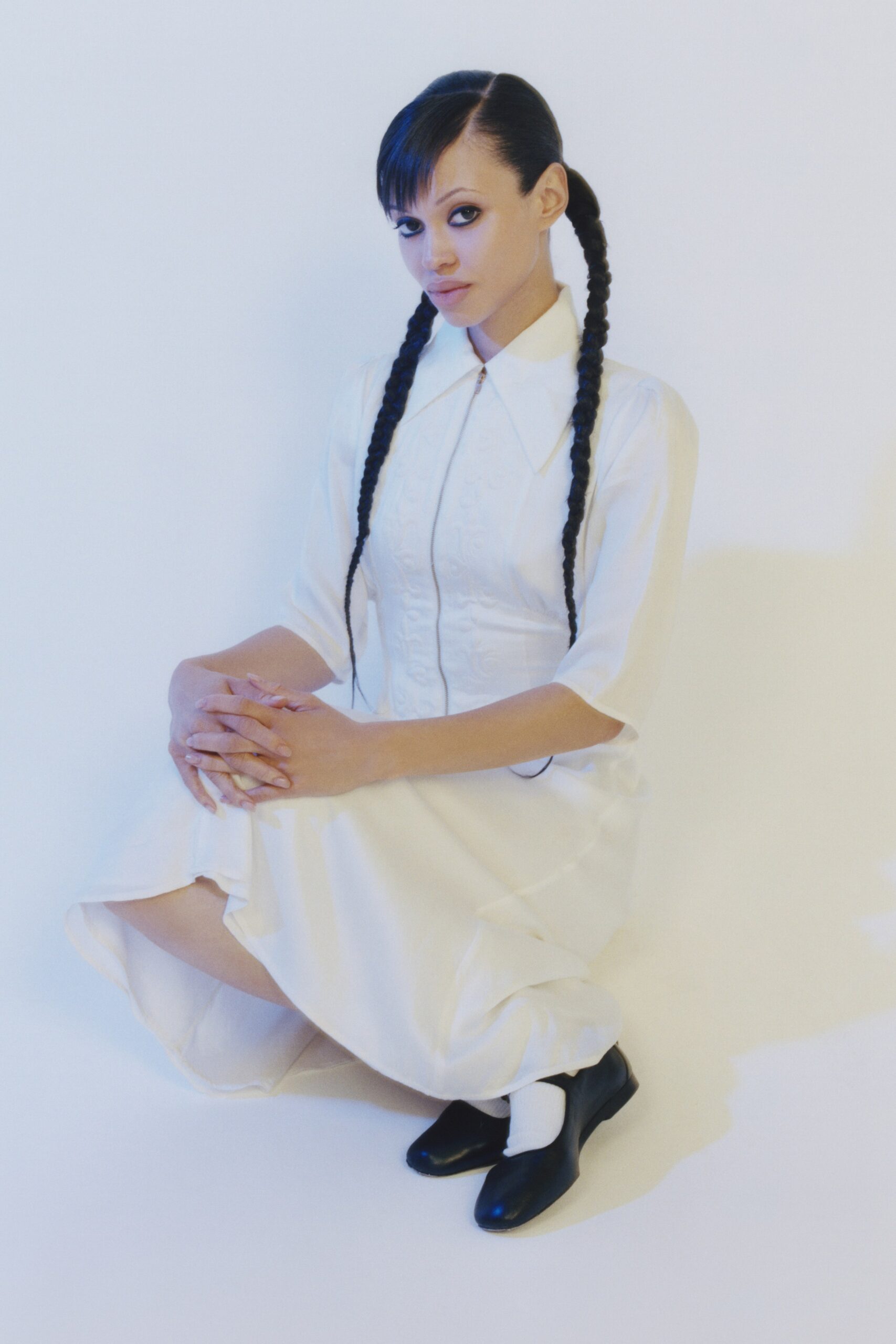 white silk collared midi dress