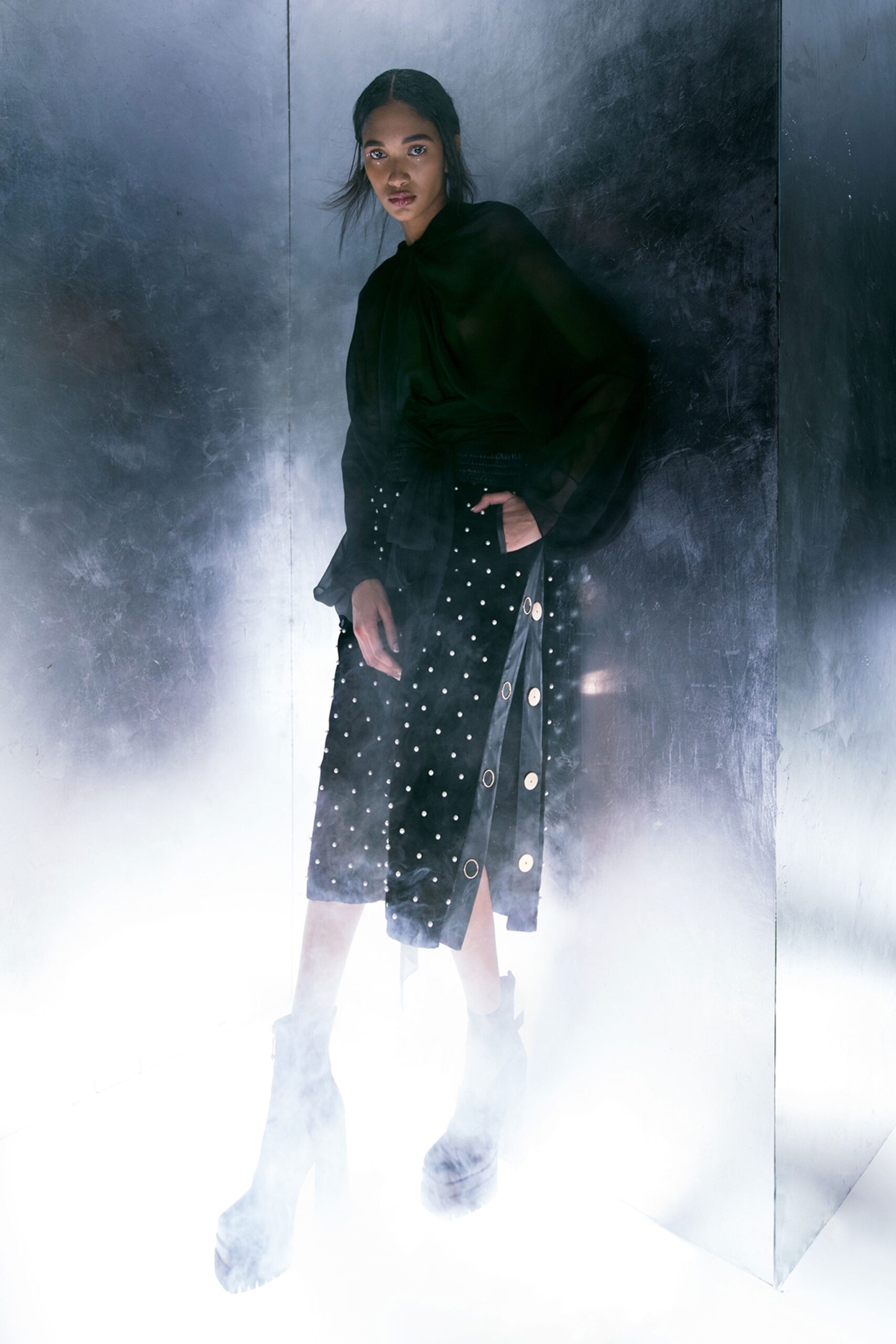 black silk blouse and pencil skirt