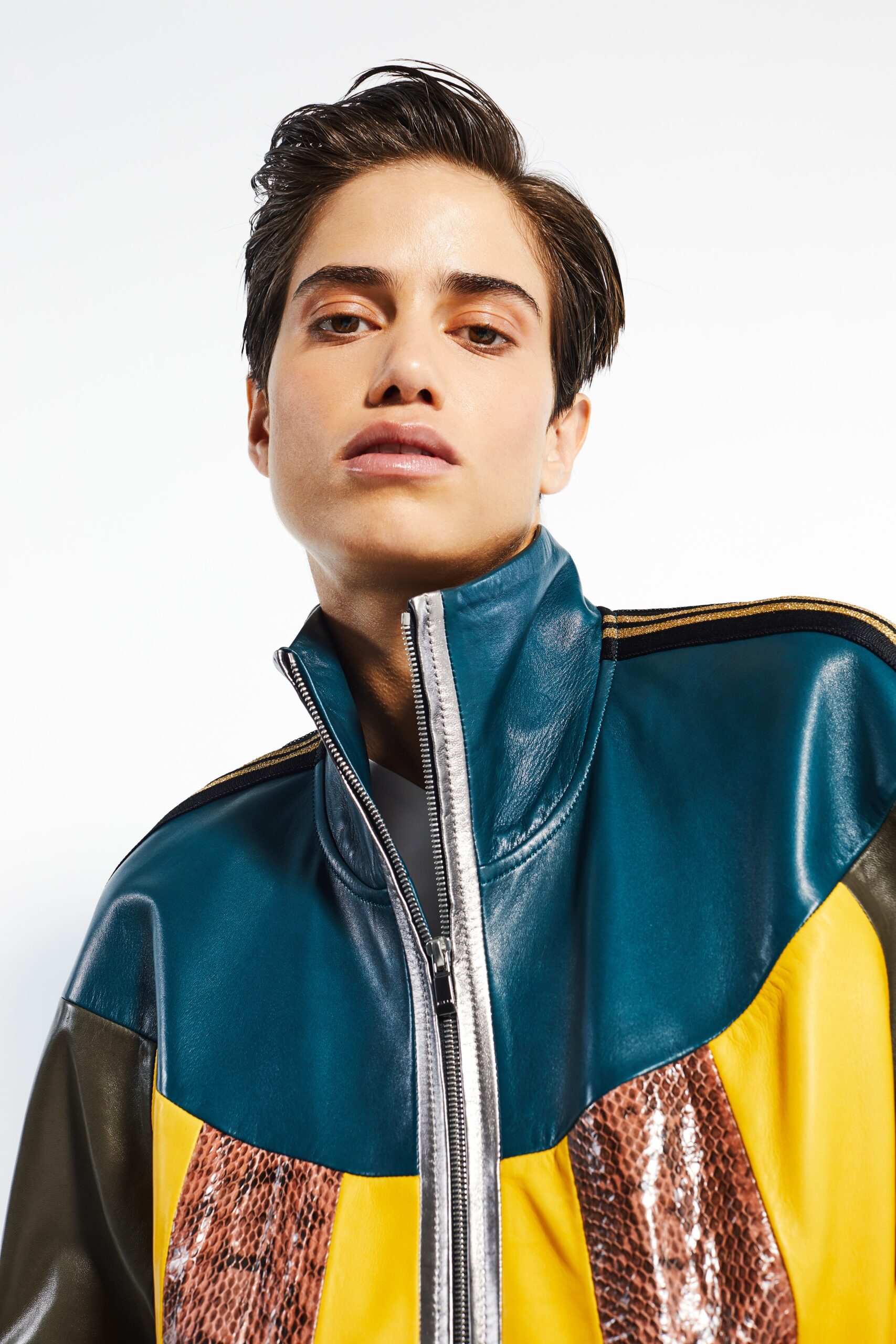 fitted blue and yellow leather jacket