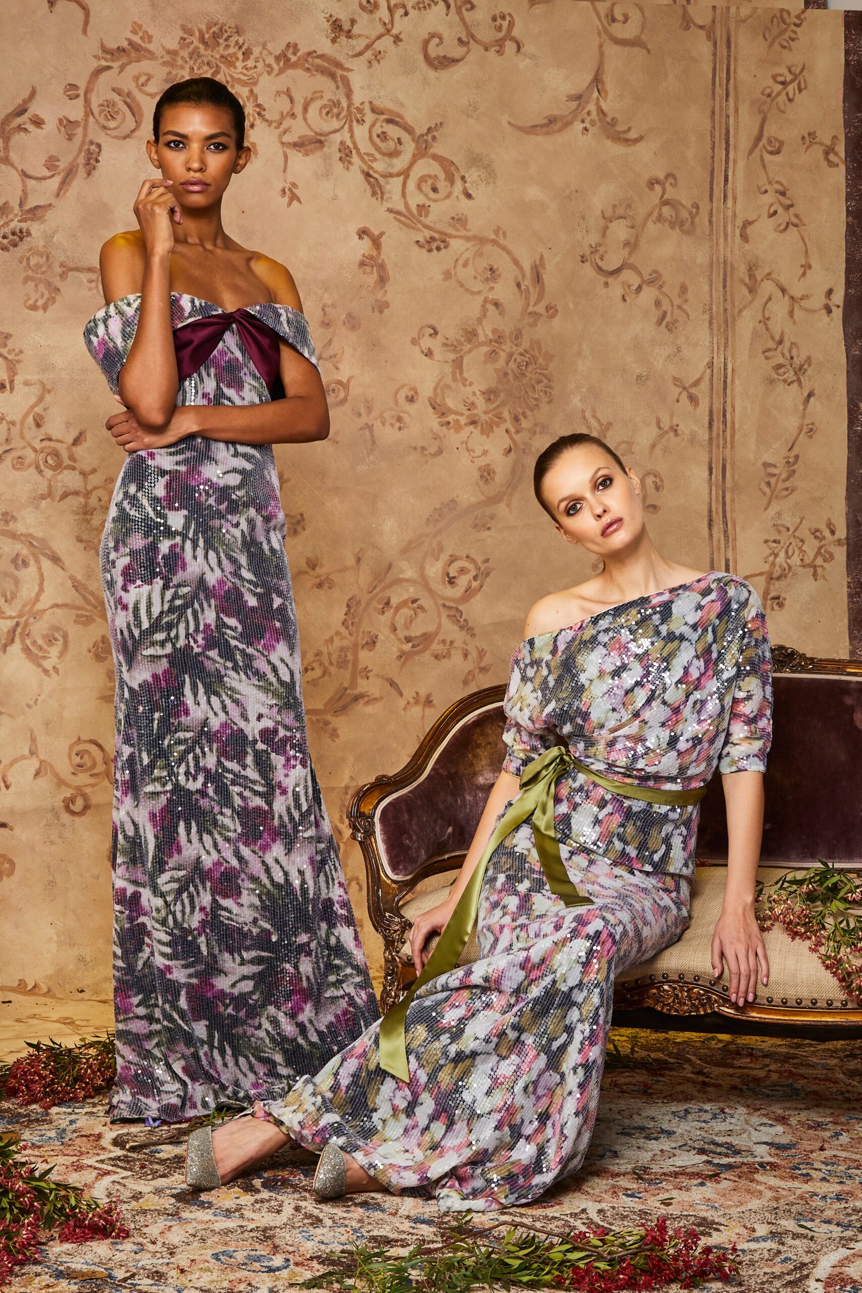 purple silk off-shoulder fitted flared flowing maxi gown