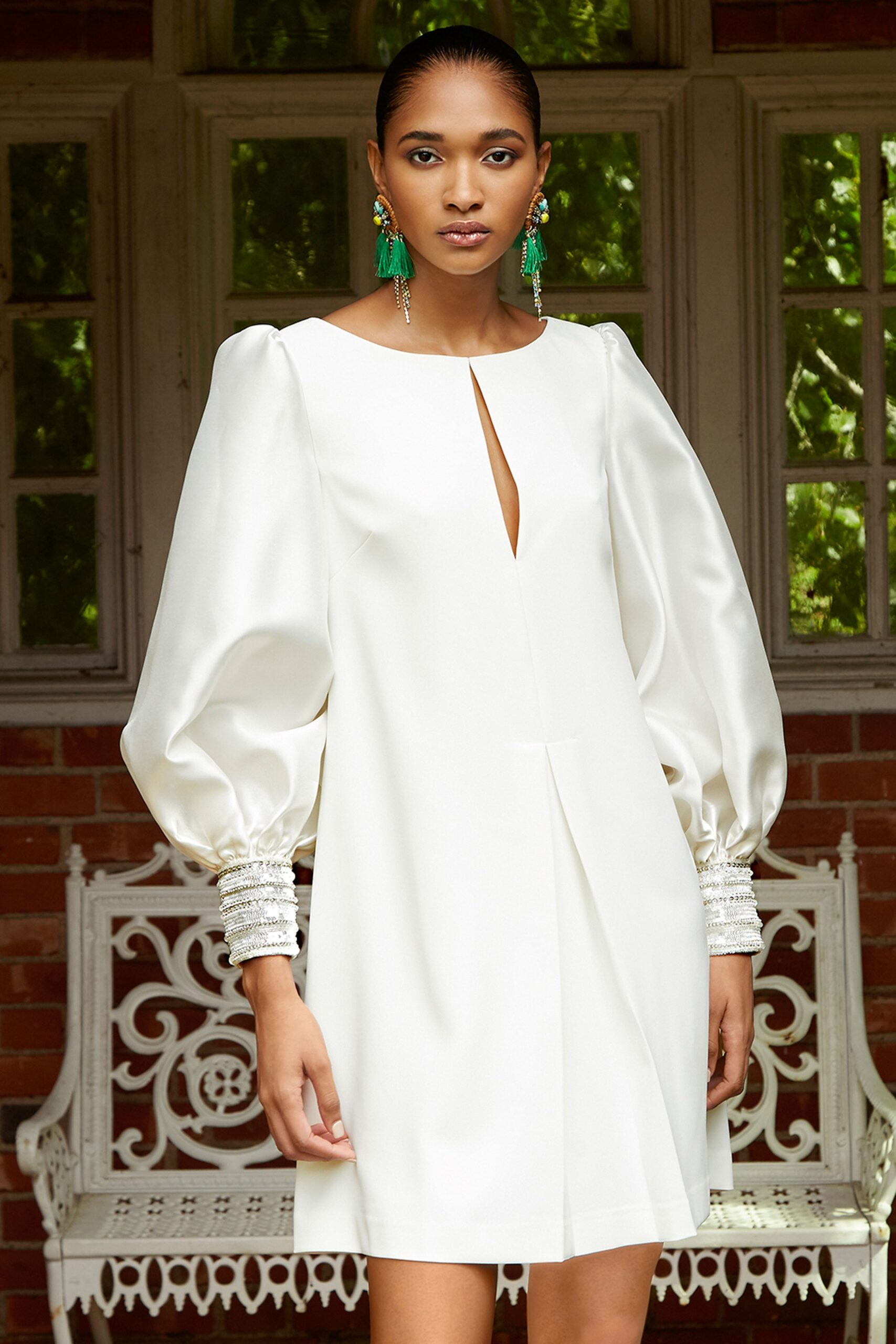 white silk fitted dress