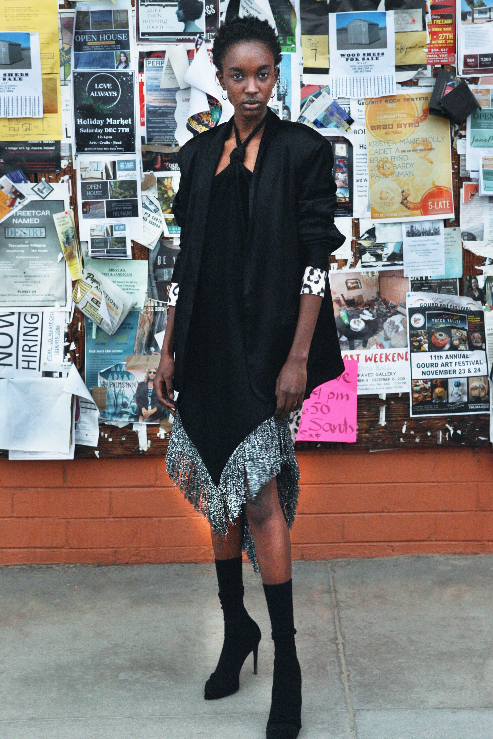 black silk fringed mini dress with tailored jacket