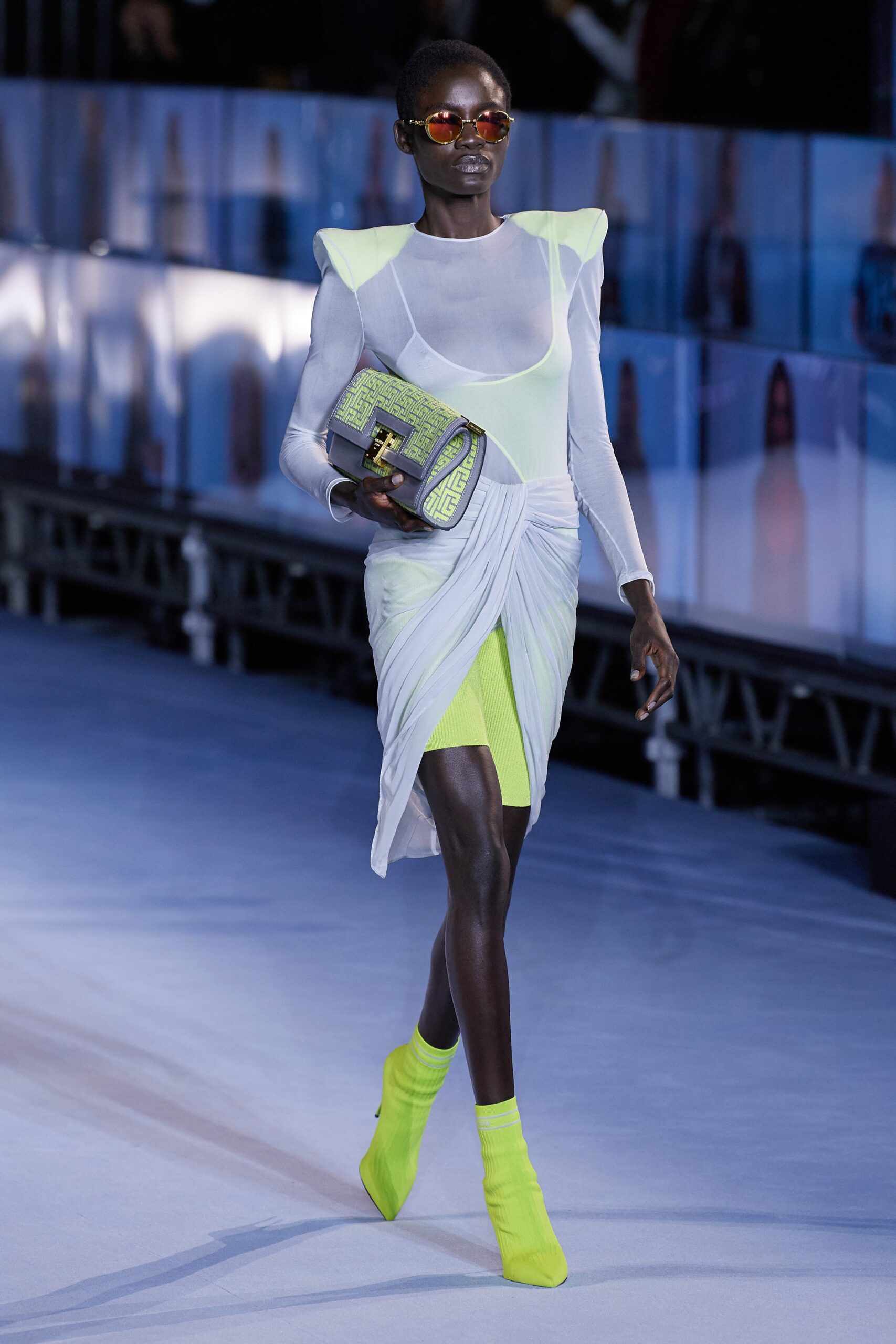 white and neon green fitted dress