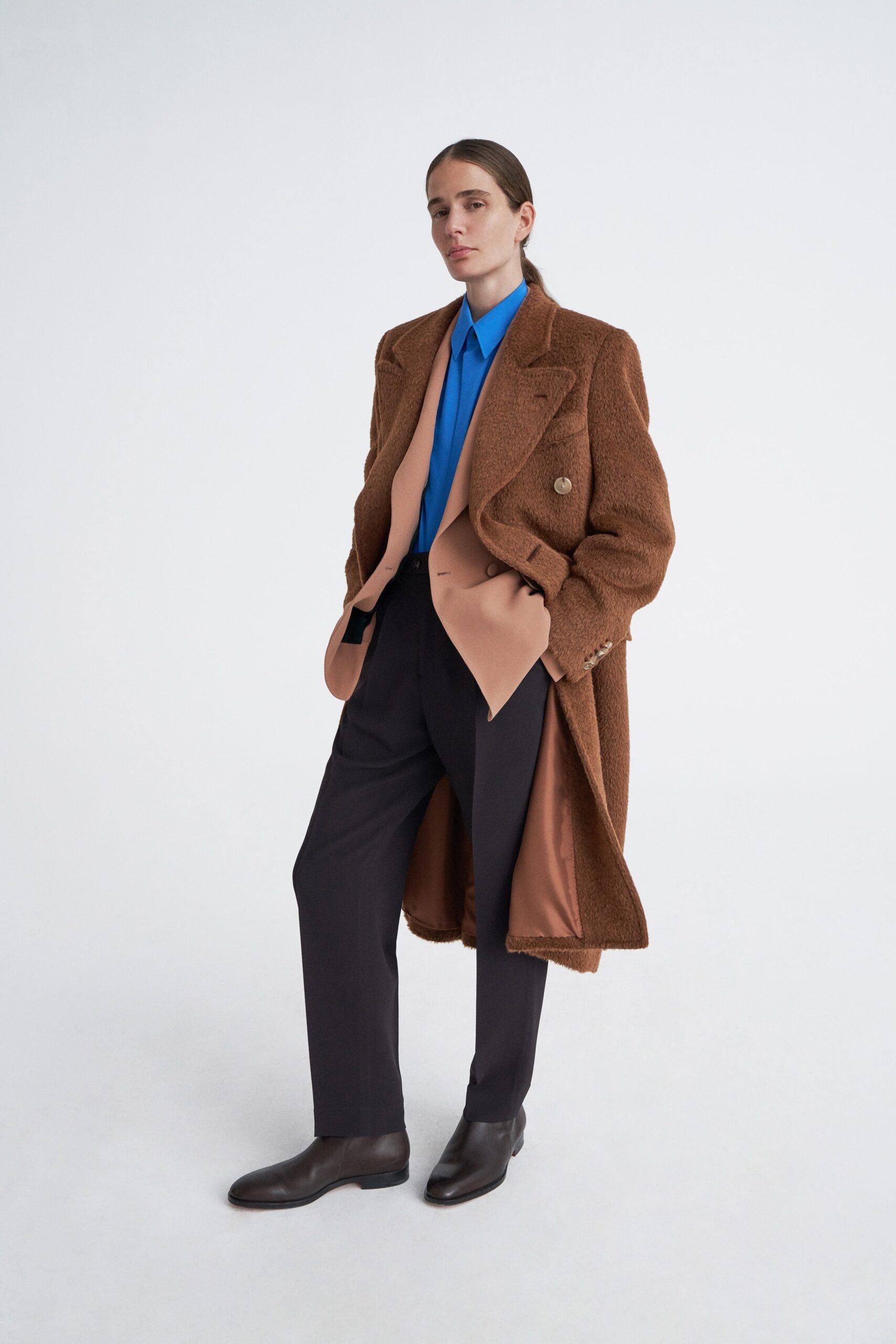 brown wool long-sleeve collared tailored layered coat