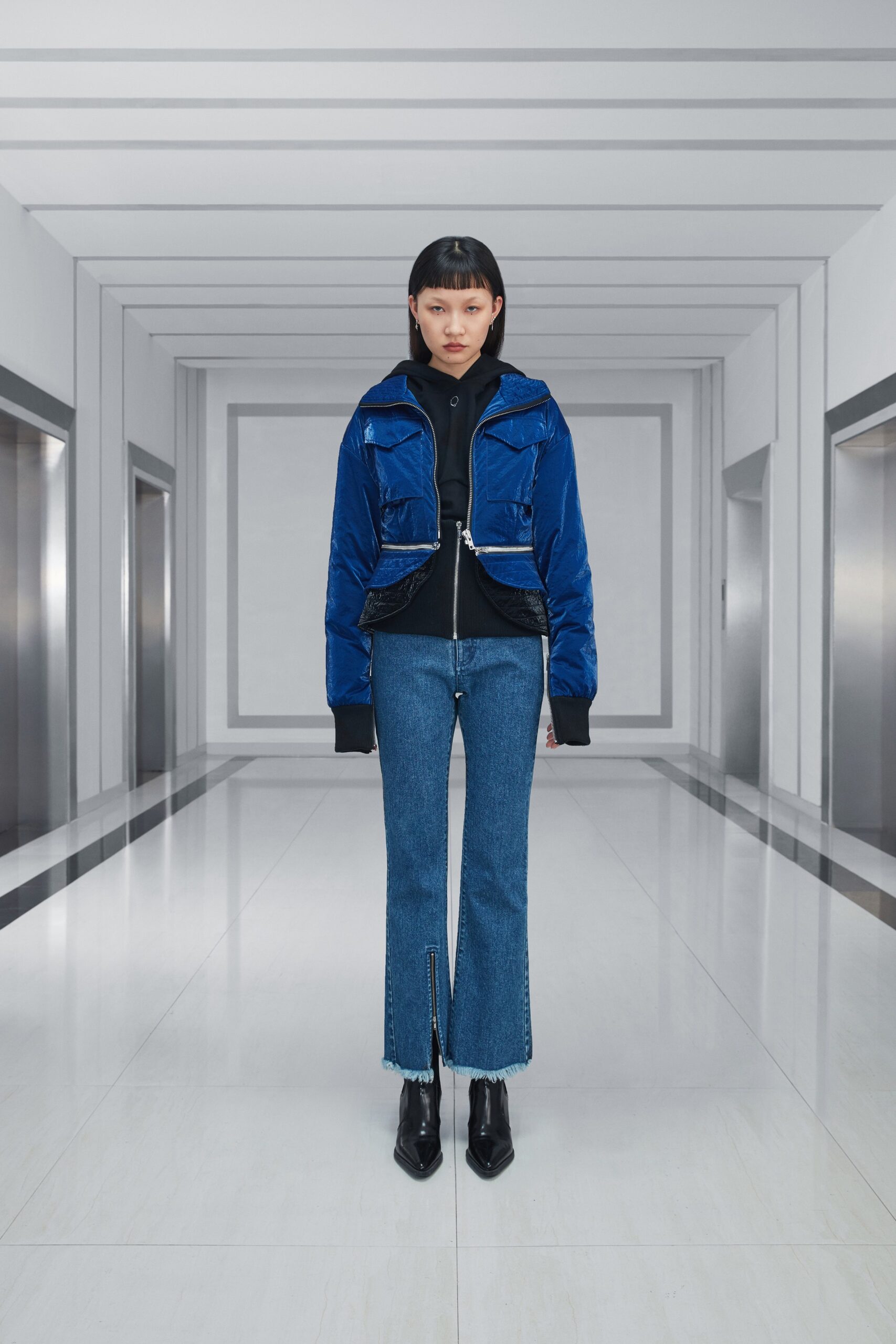 blue velvet jacket with black top