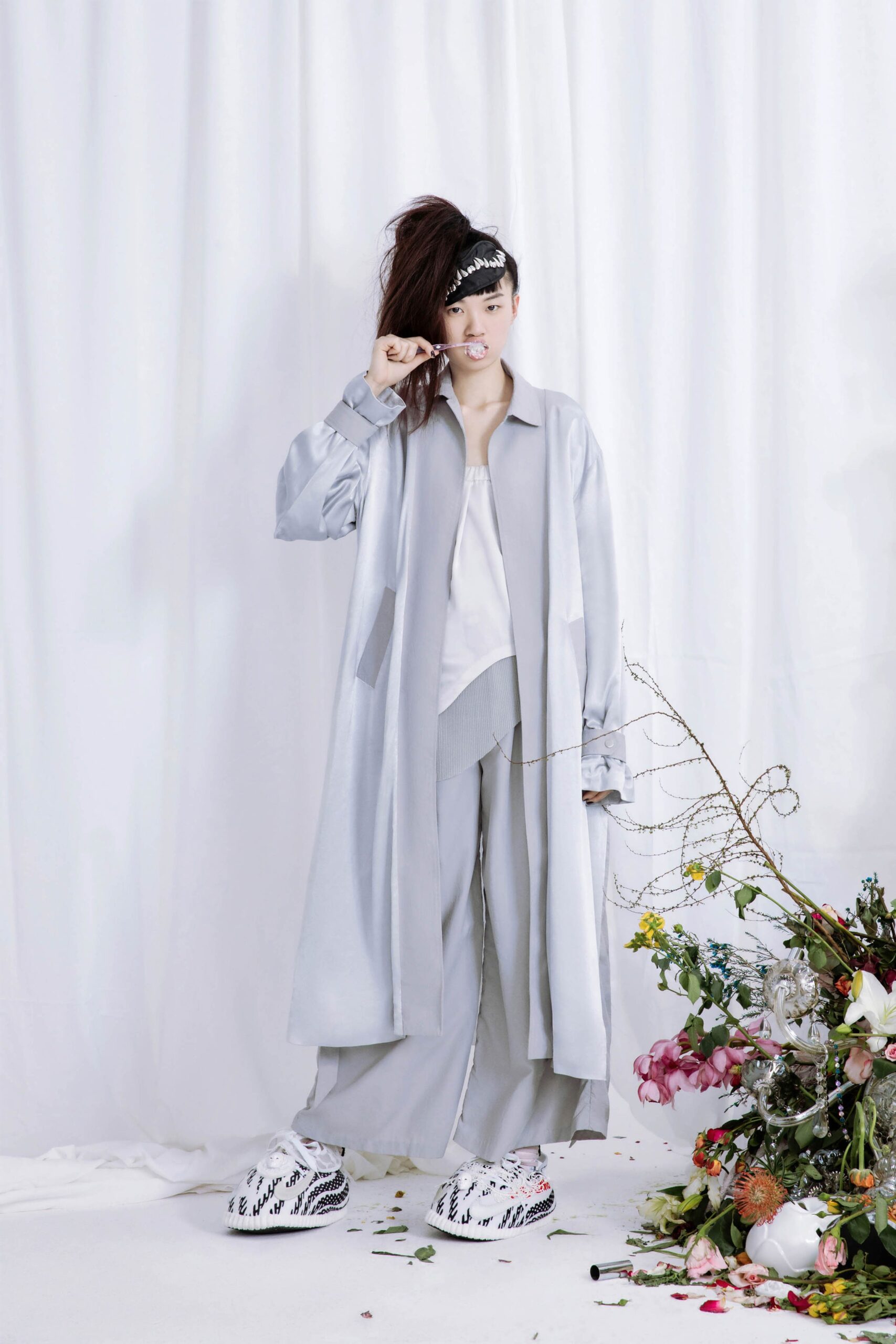 gray silk coat with wide-leg pants