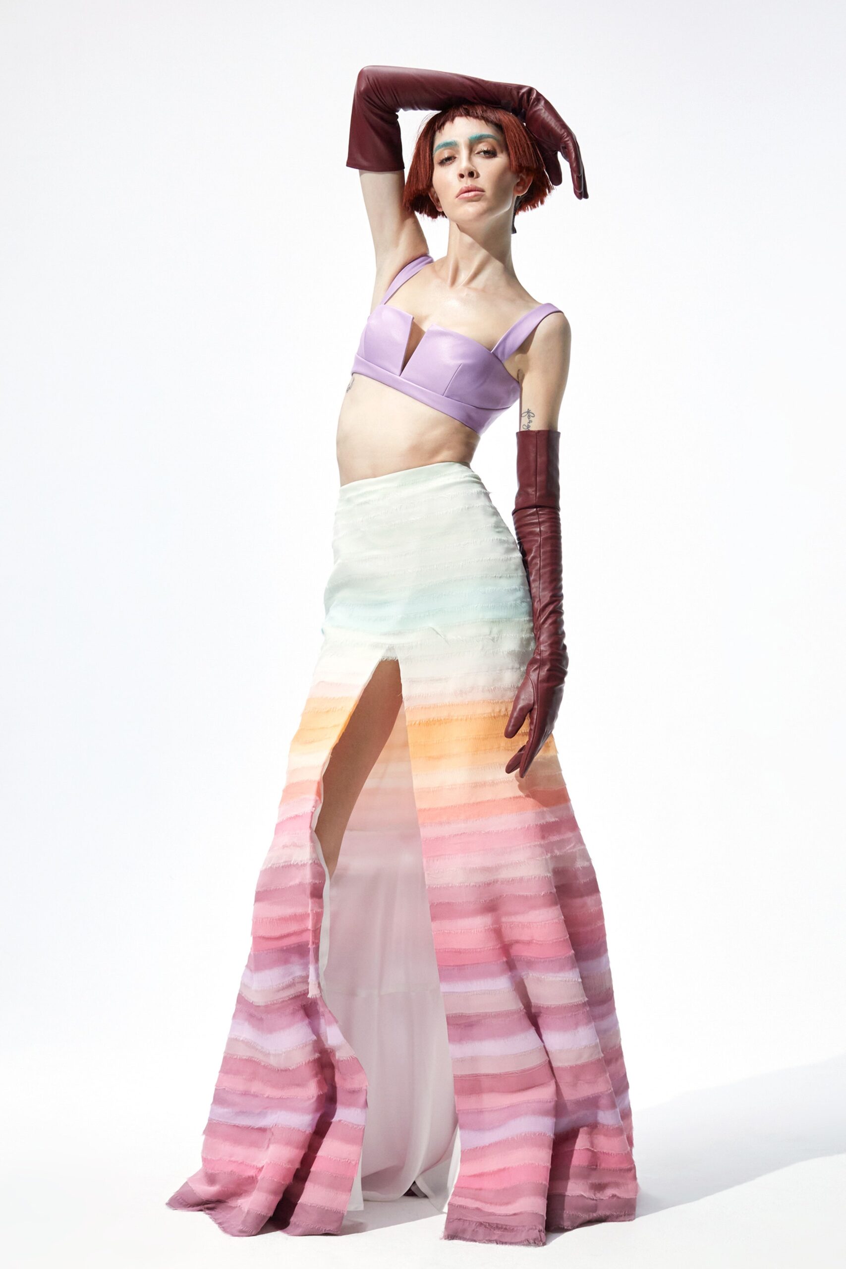 purple silk top with layered skirt