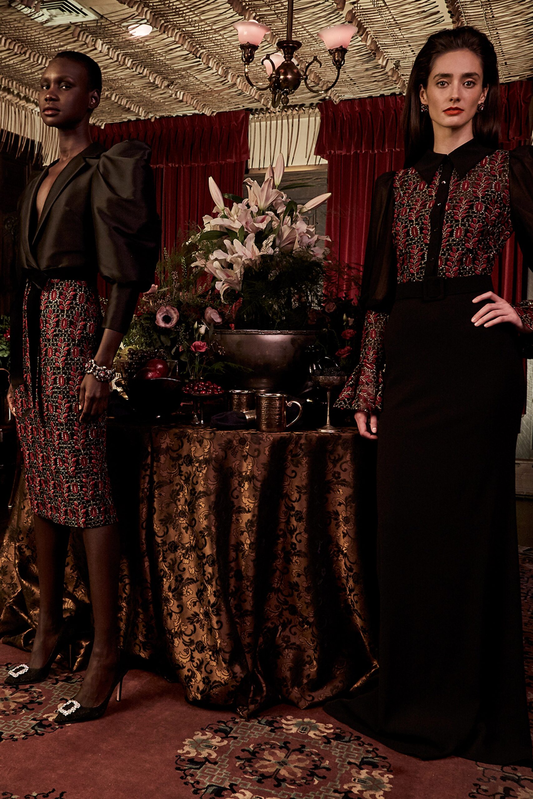 black silk fitted dress and skirt