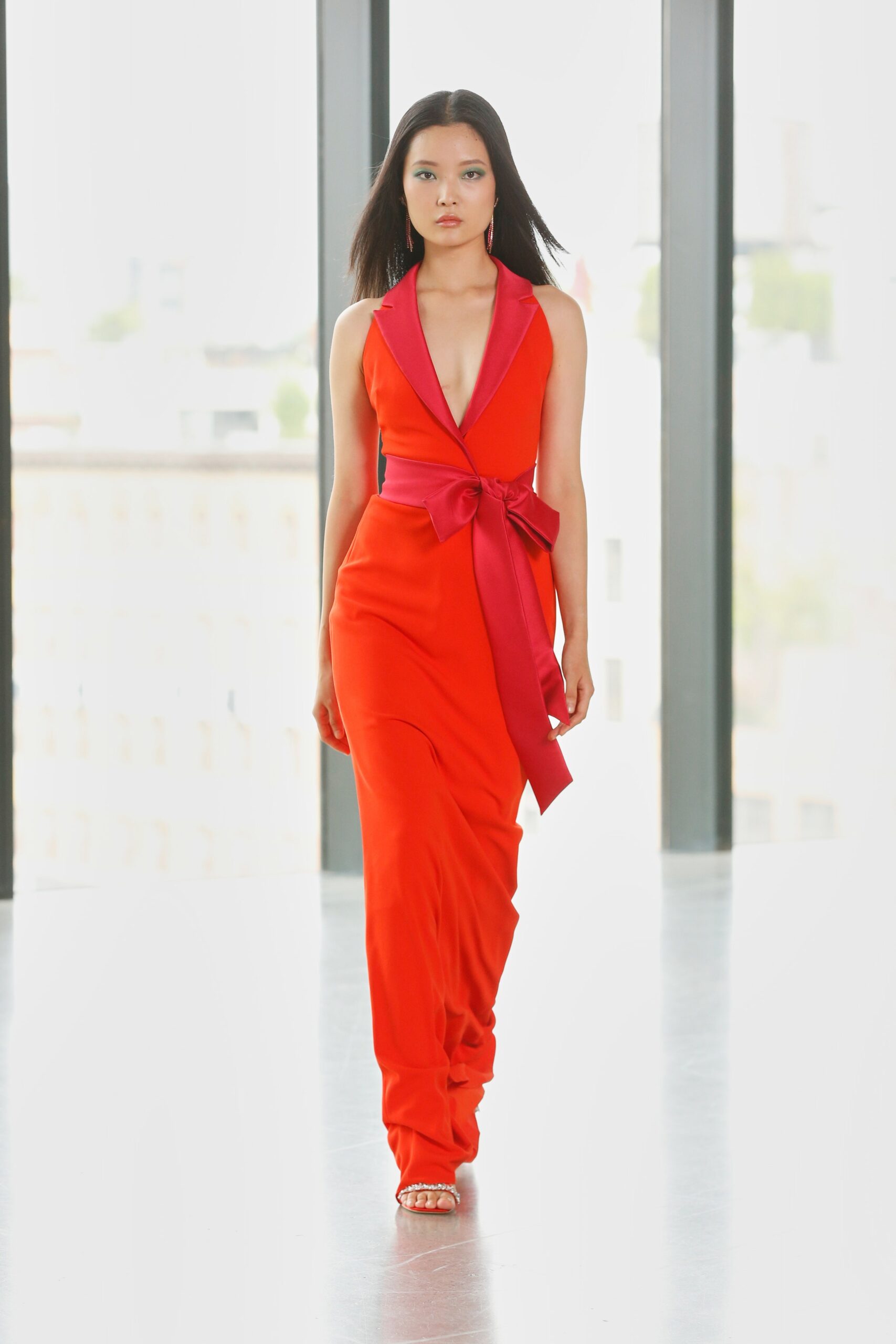 red silk sleeveless gown