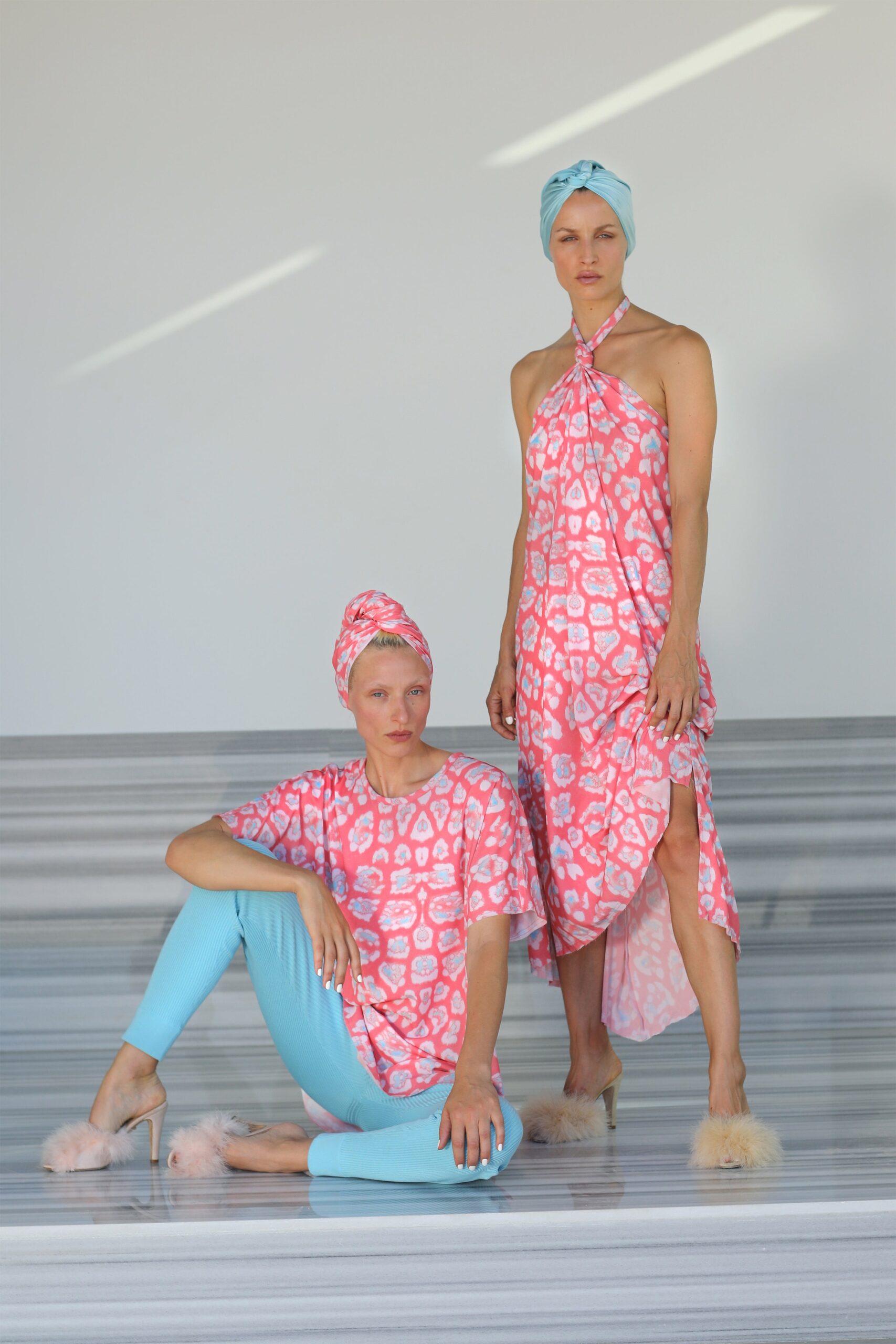 pink printed midi dress and relaxed top