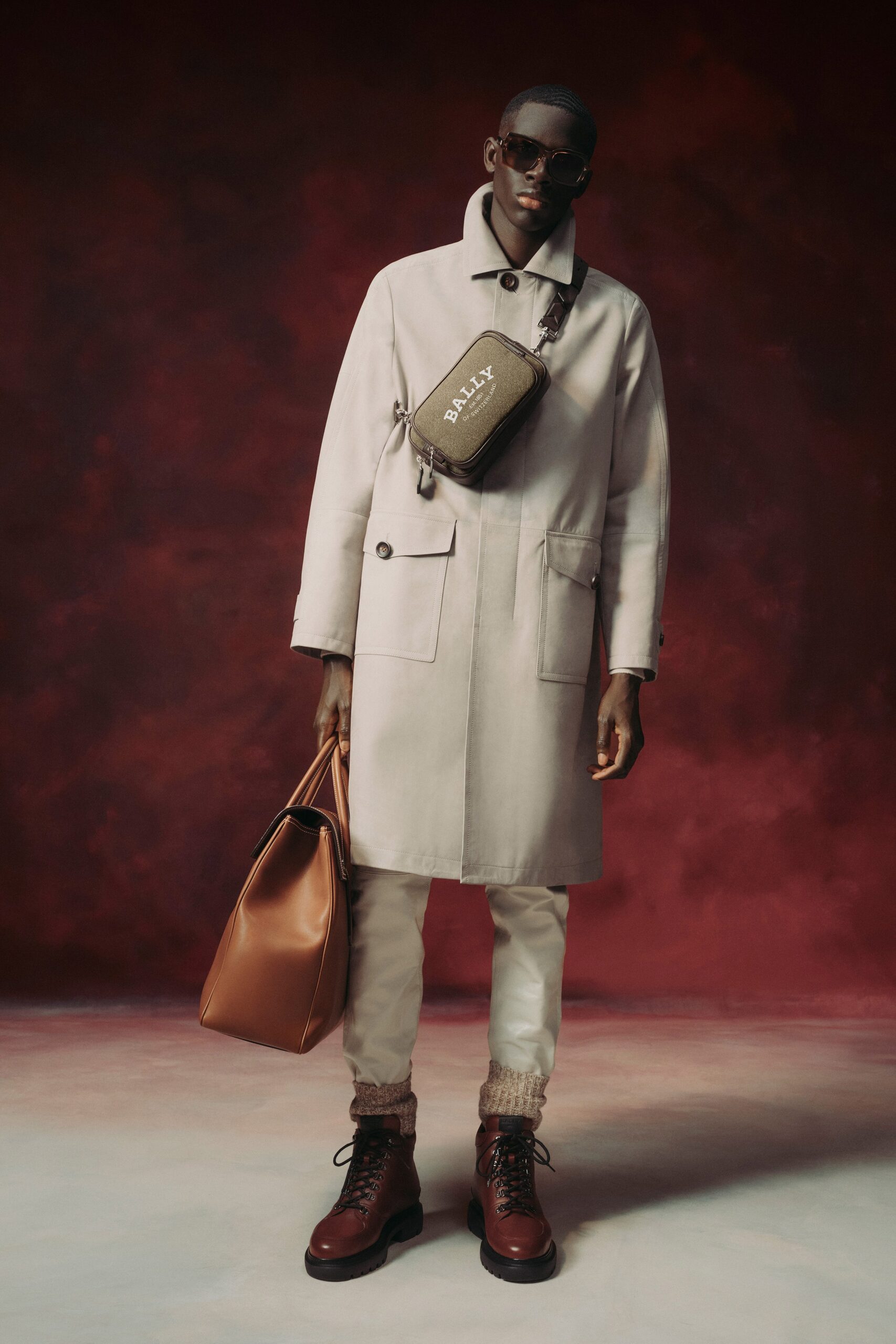 beige coat with brown accessories
