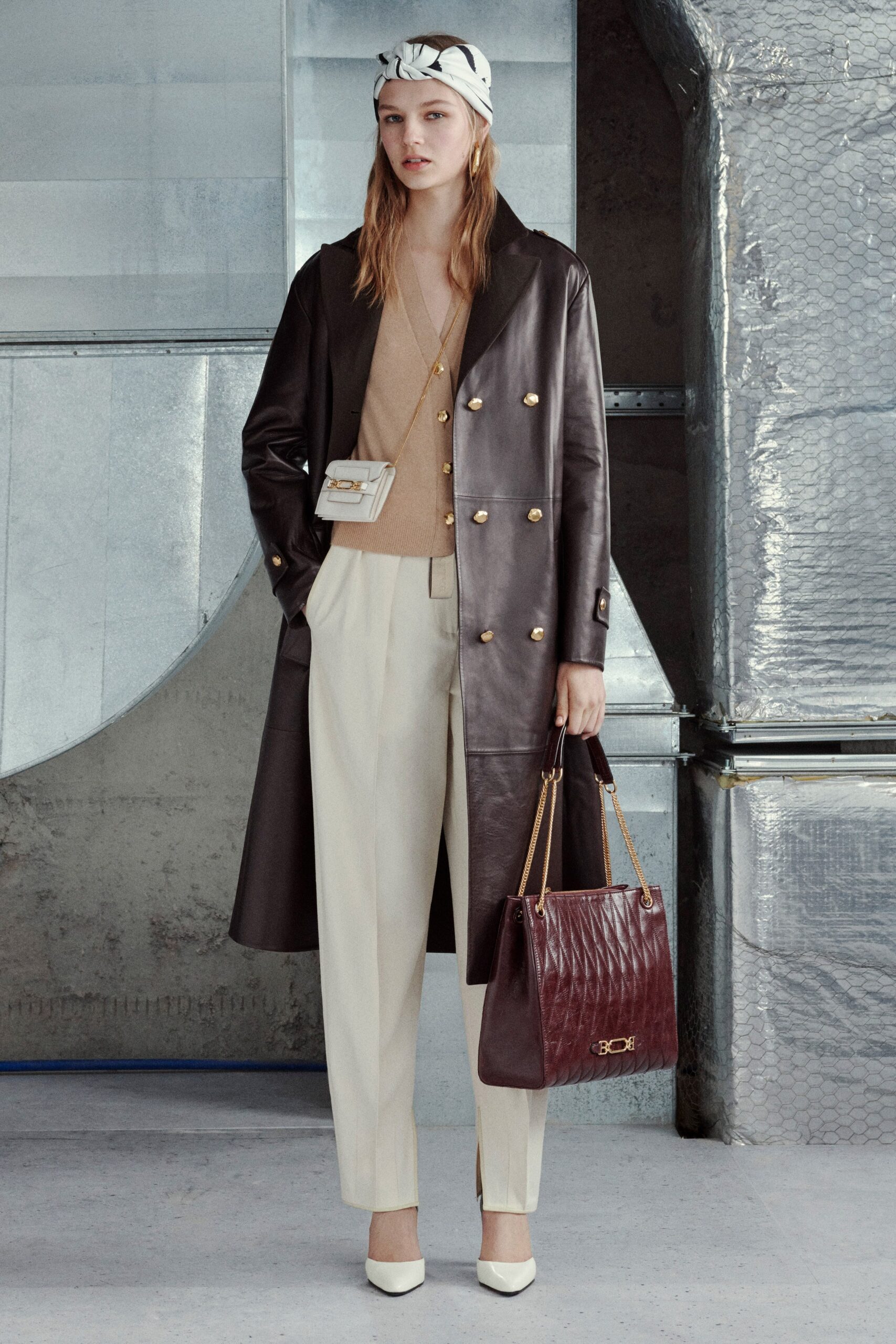 brown leather long-sleeve double-breasted structured buttoned coat