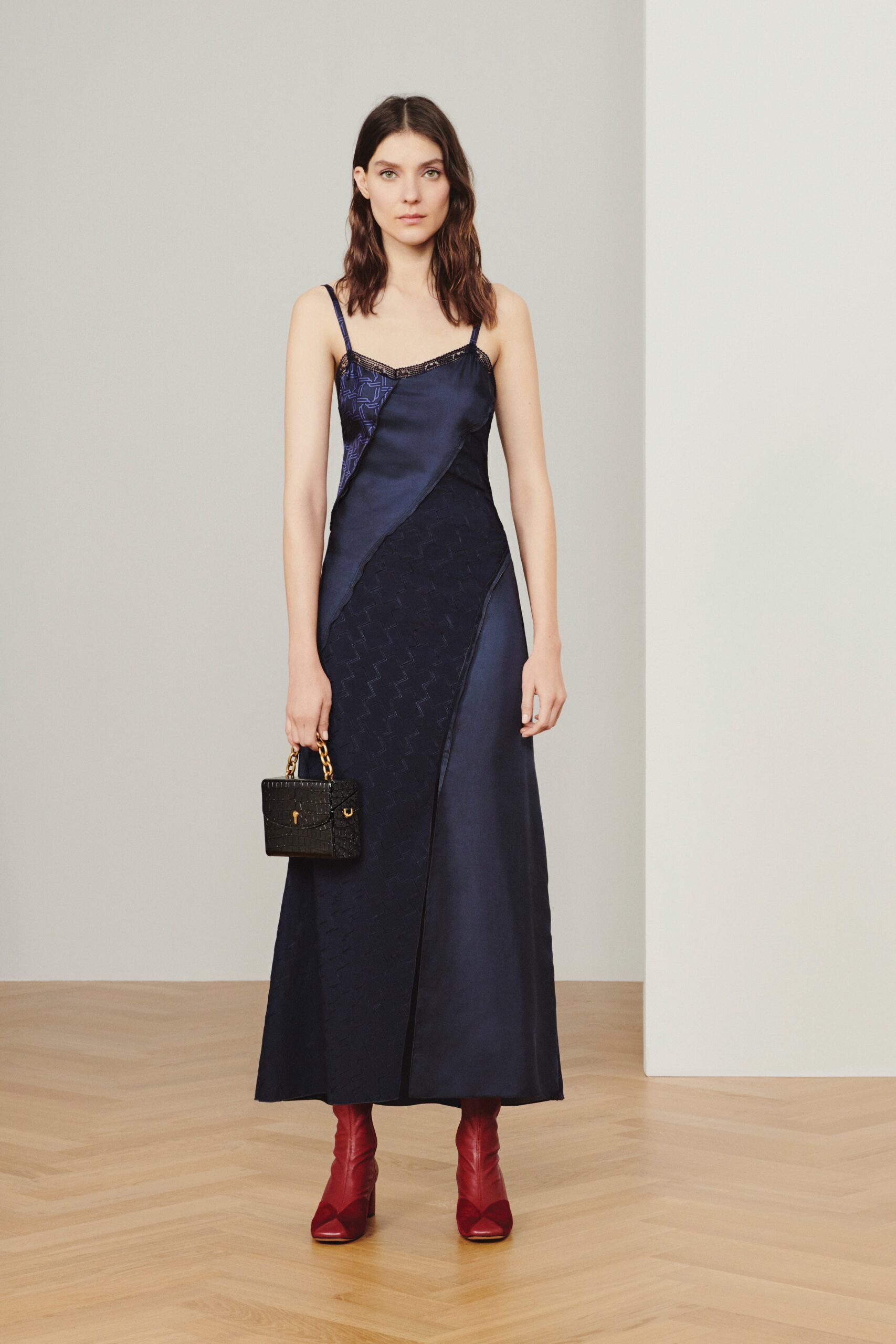 blue silk sleeveless v-neck fitted shiny maxi dress