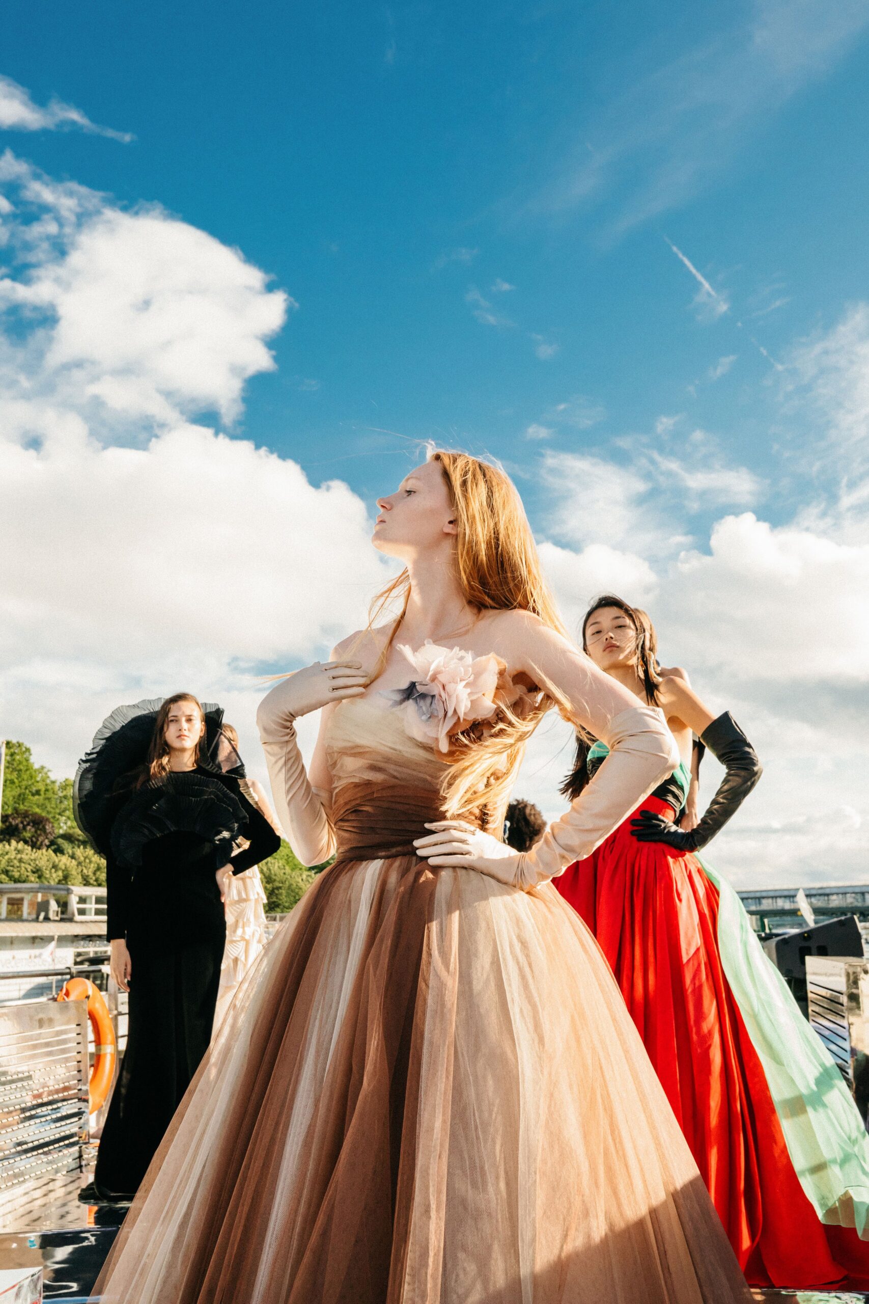 brown tulle off-shoulder gown