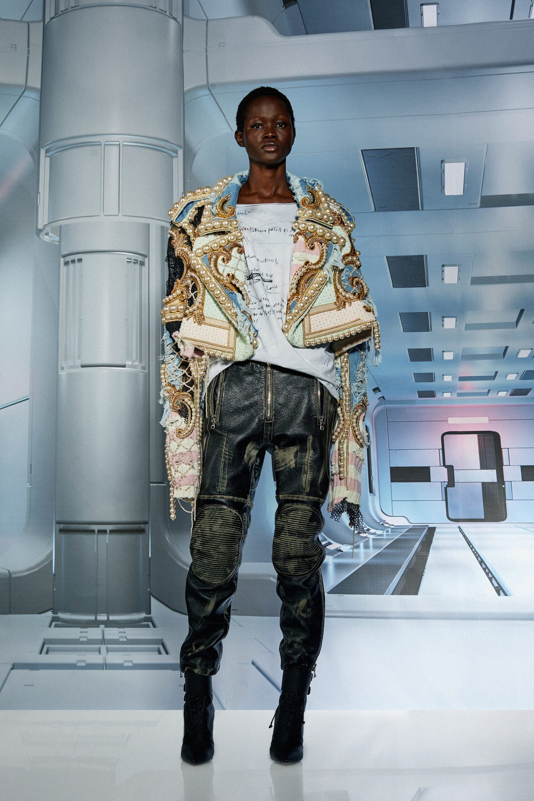 blue embroidered jacket with t-shirt and pants