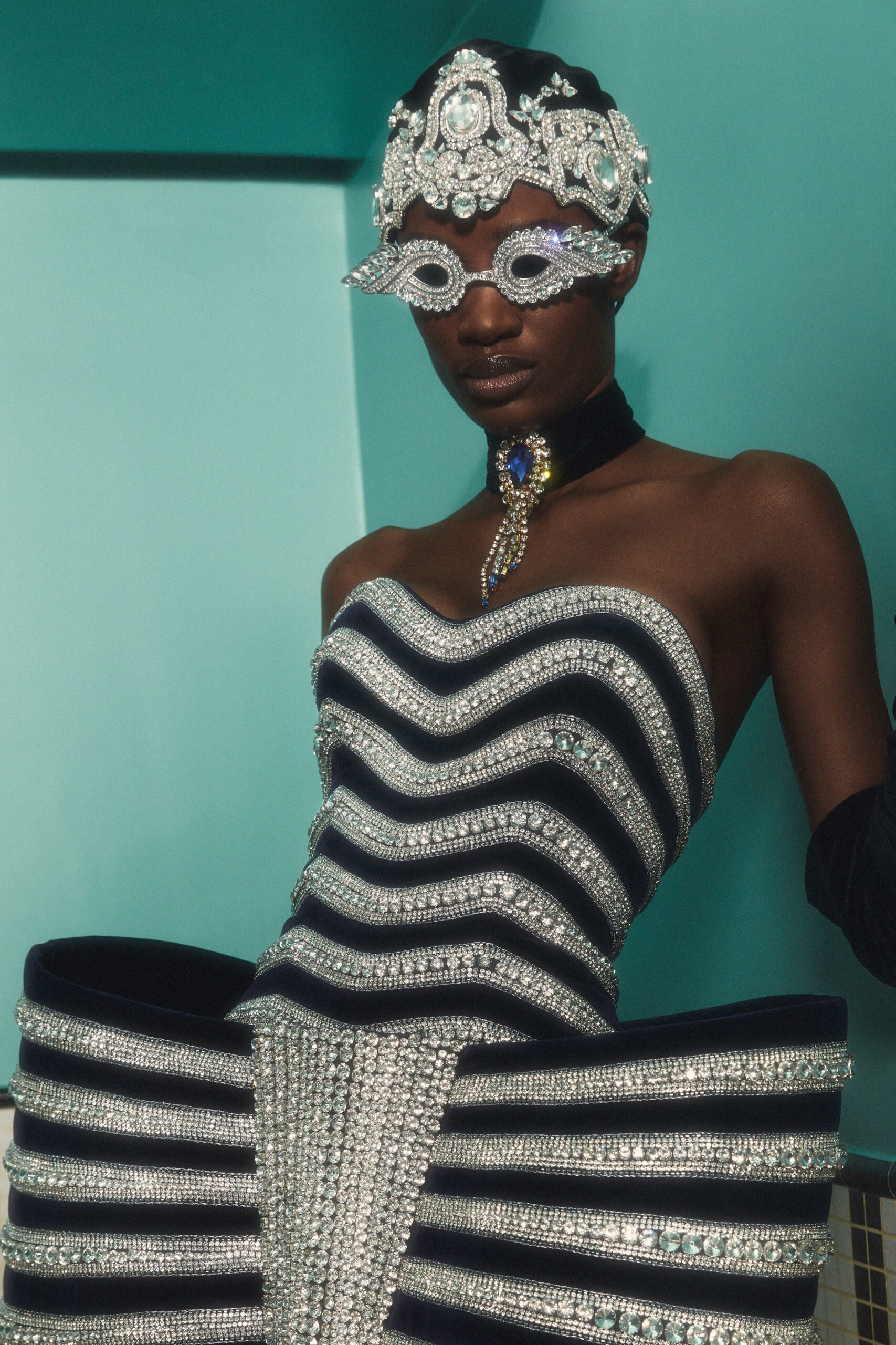 black and silver sequined gown